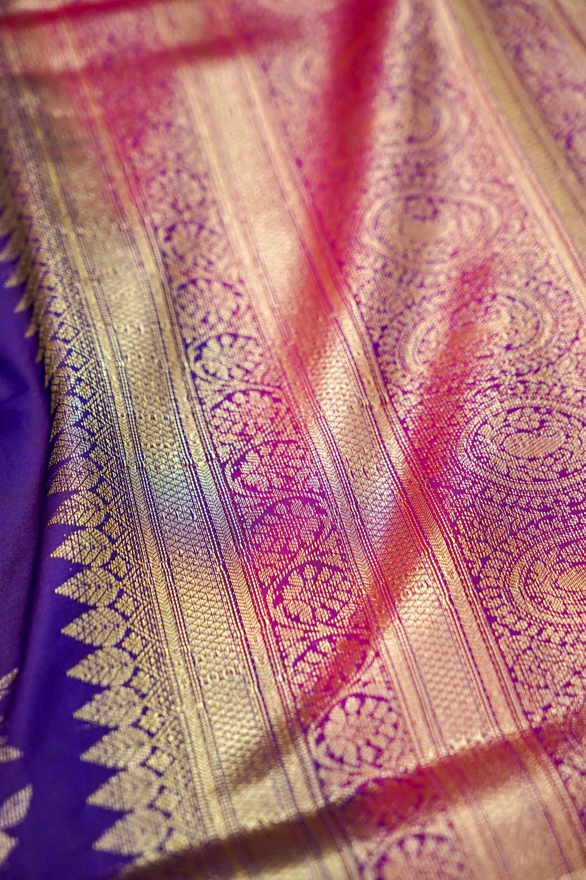 Devyani - Violet Vintage Style Kanjivaram Silk Saree with Magenta Pink Korvai Border