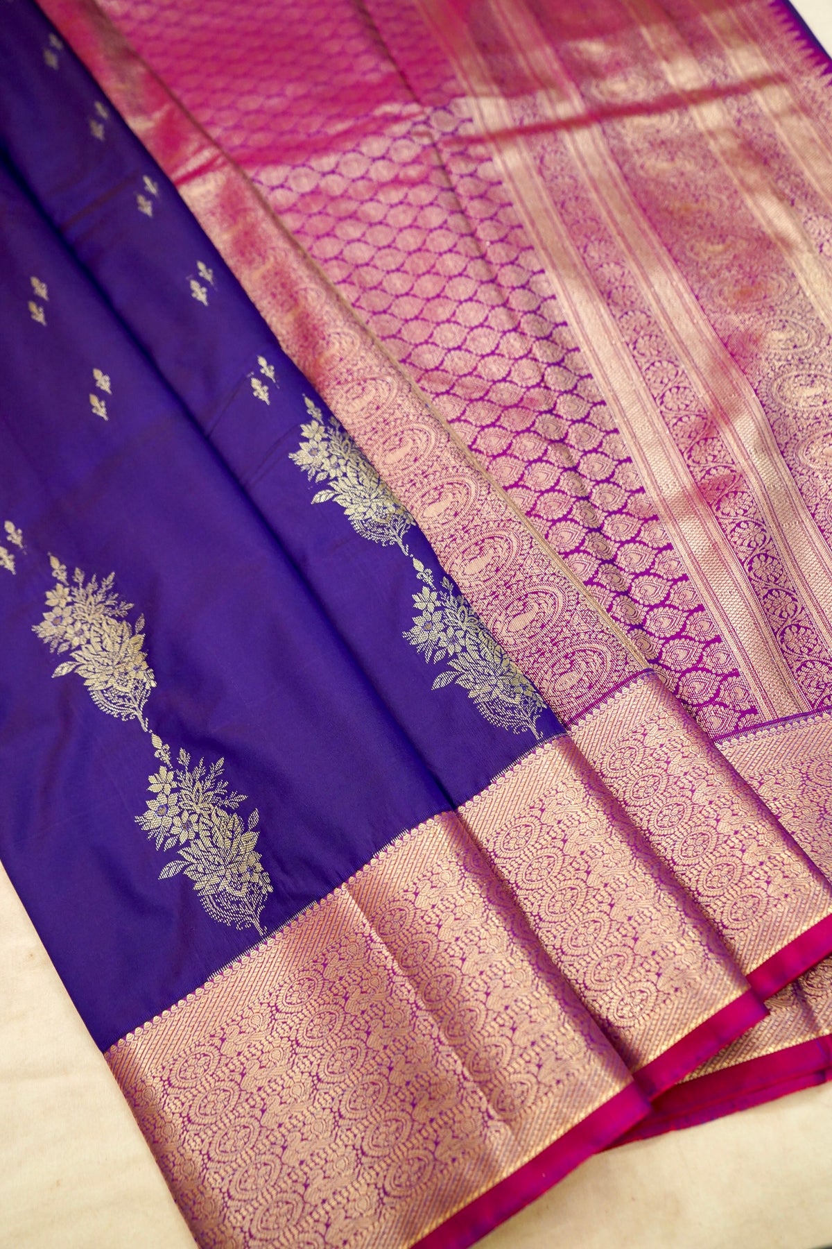 Devyani - Violet Vintage Style Kanjivaram Silk Saree with Magenta Pink Korvai Border