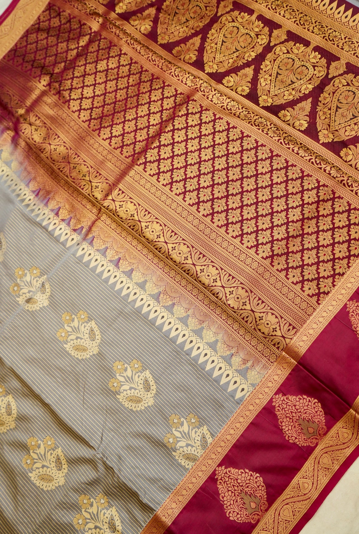 Devyani - Silver Grey Kanjivaram Silk Saree with Magenta Korvai Border
