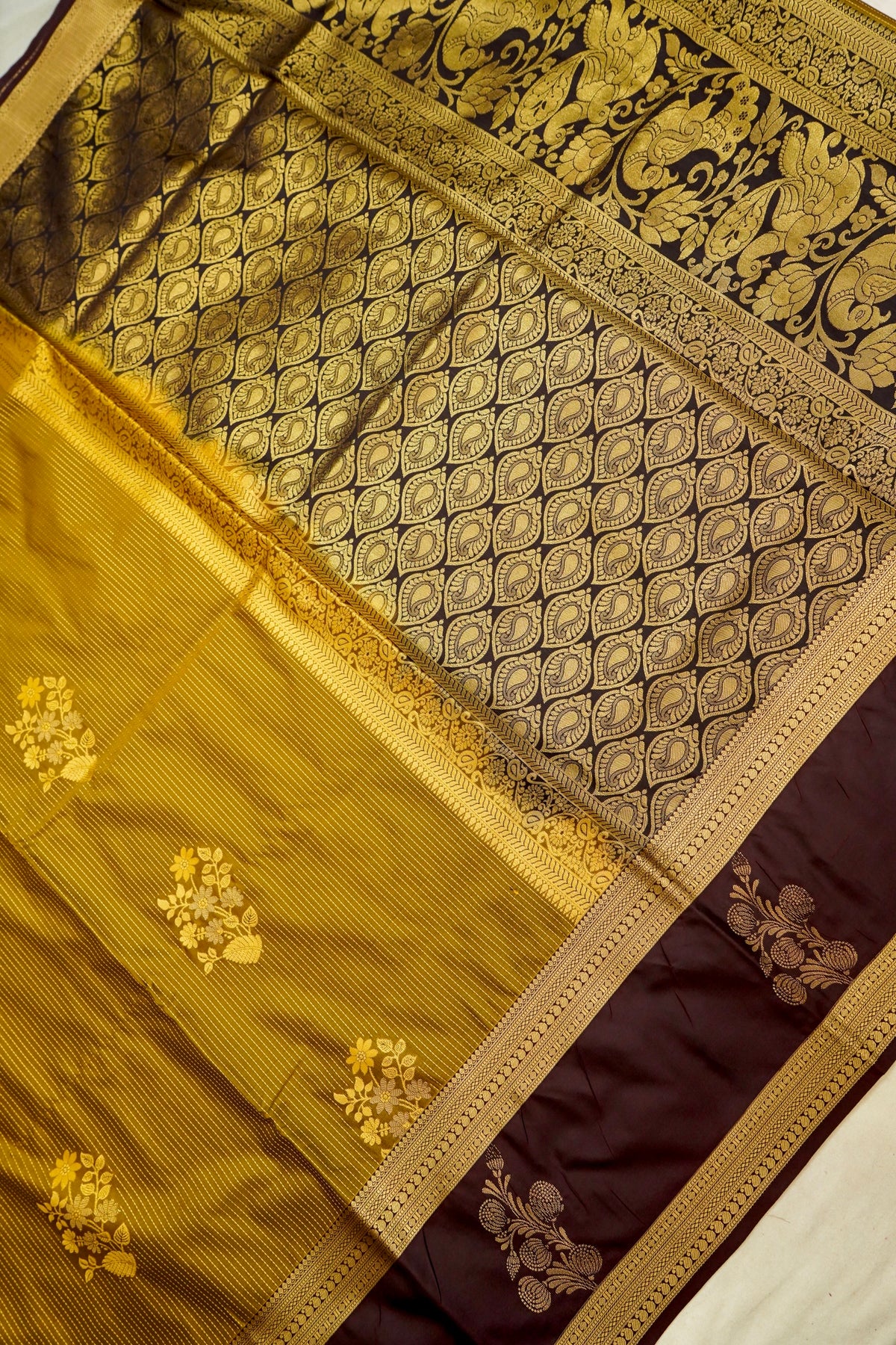 Devyani - Mustard Gold Kanjivaram Silk Saree with Brown Purple Korvai Border