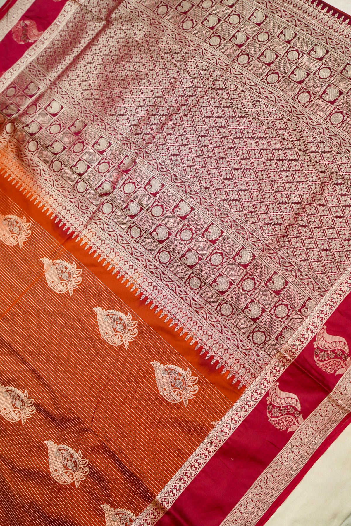Devyani - Burnt Orange Kanjivaram Silk Saree with Pink Korvai Border