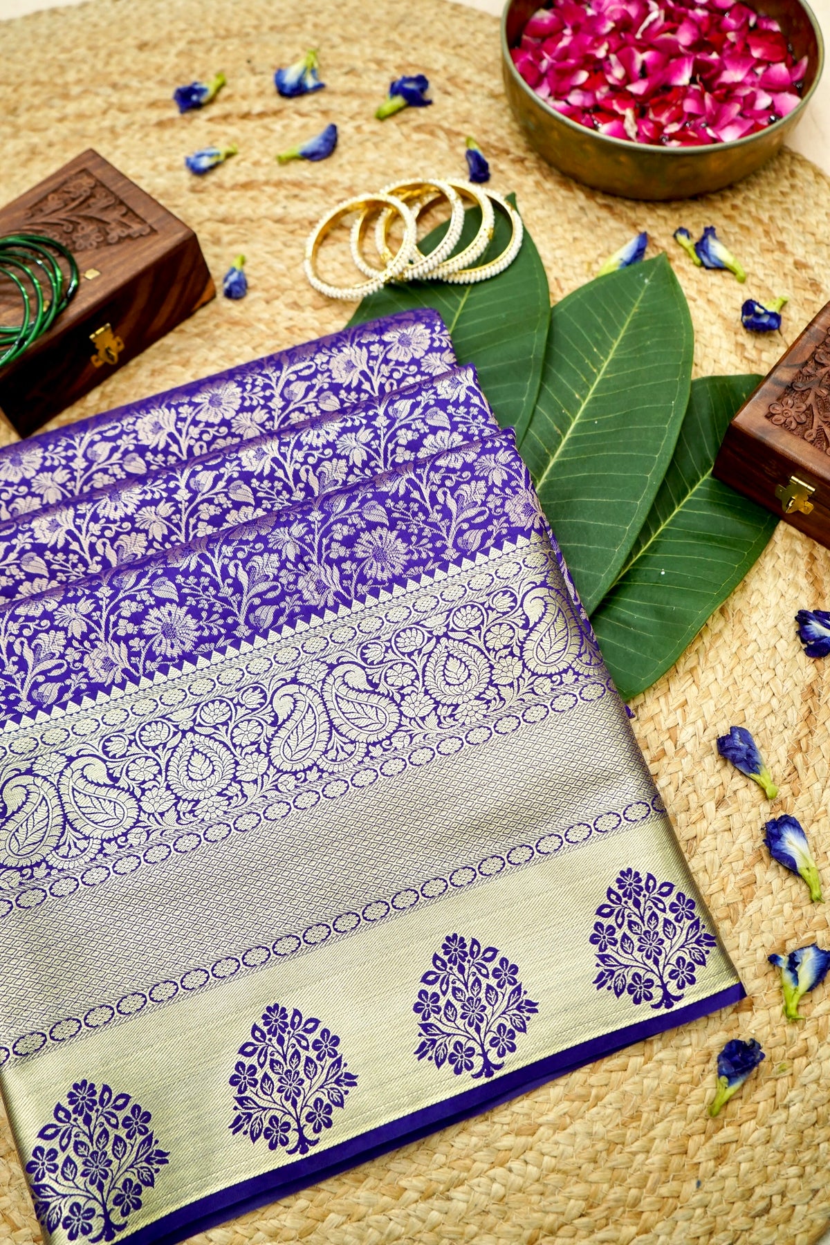 Devyani - Violet Kanchi Pattu Silk Saree with Antique Gold Border