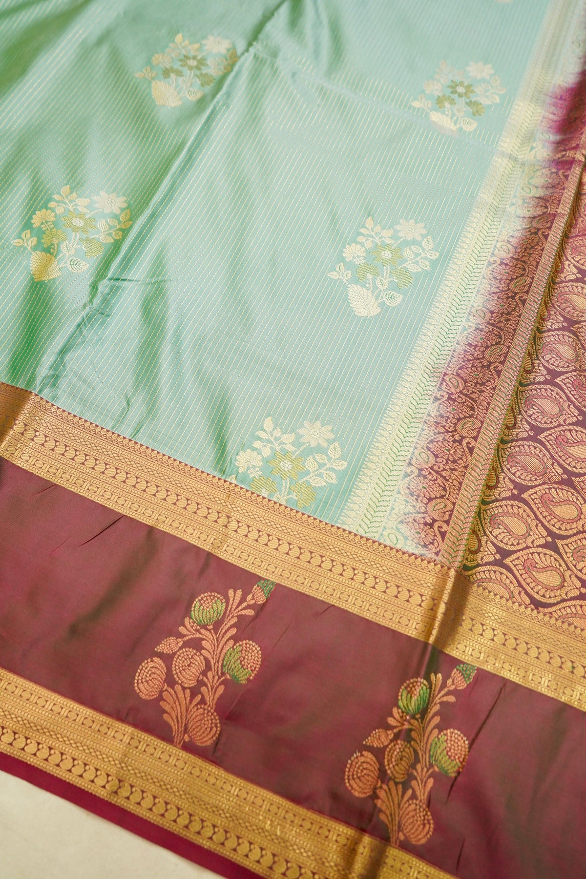 Devyani - Seafoam Mint Kanjivaram Silk Saree with Wine Korvai Border