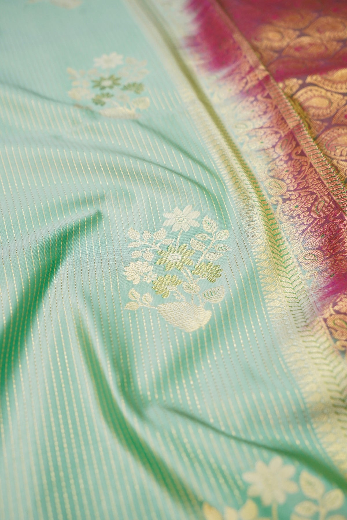 Devyani - Seafoam Mint Kanjivaram Silk Saree with Wine Korvai Border