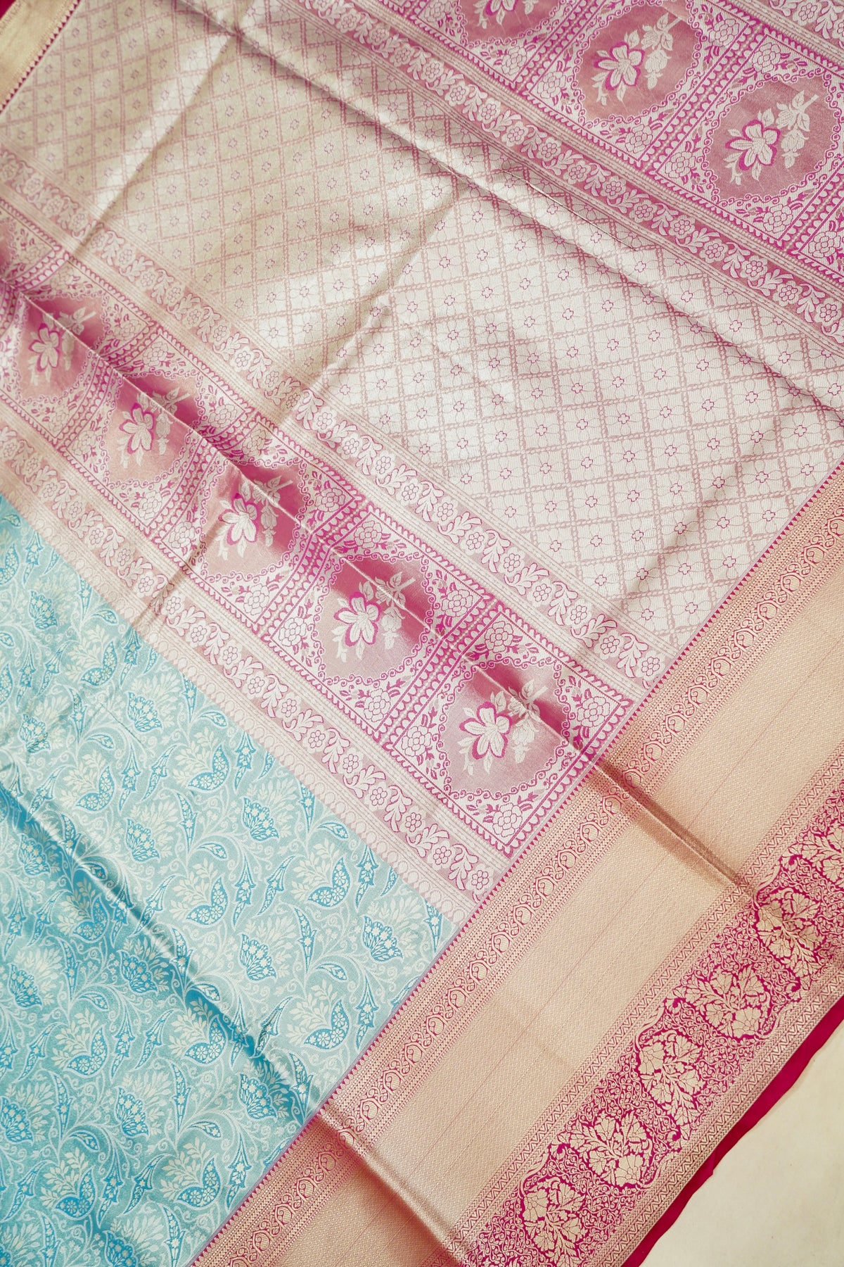 Devyani - Aqua Blue Kanchi Pattu Silk Saree with Rani Pink Korvai Border