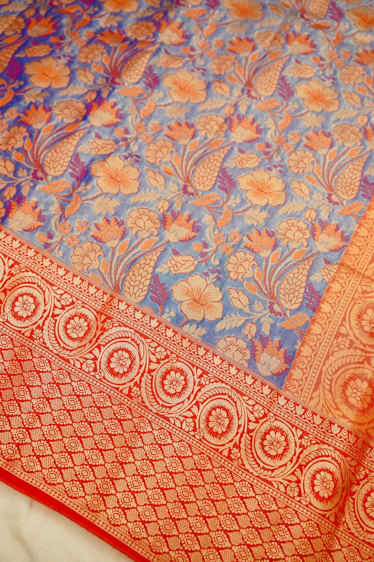 Sharvi - Coral Red and Powder Blue Dharmavaram Silk Saree