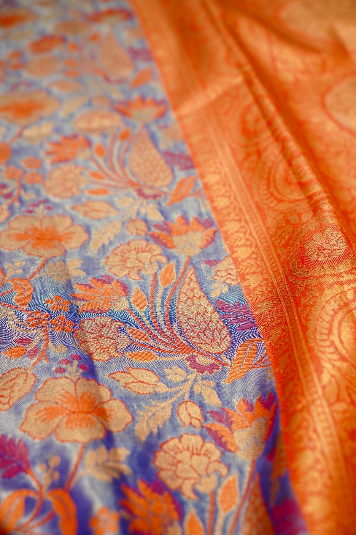 Sharvi - Coral Red and Powder Blue Dharmavaram Silk Saree