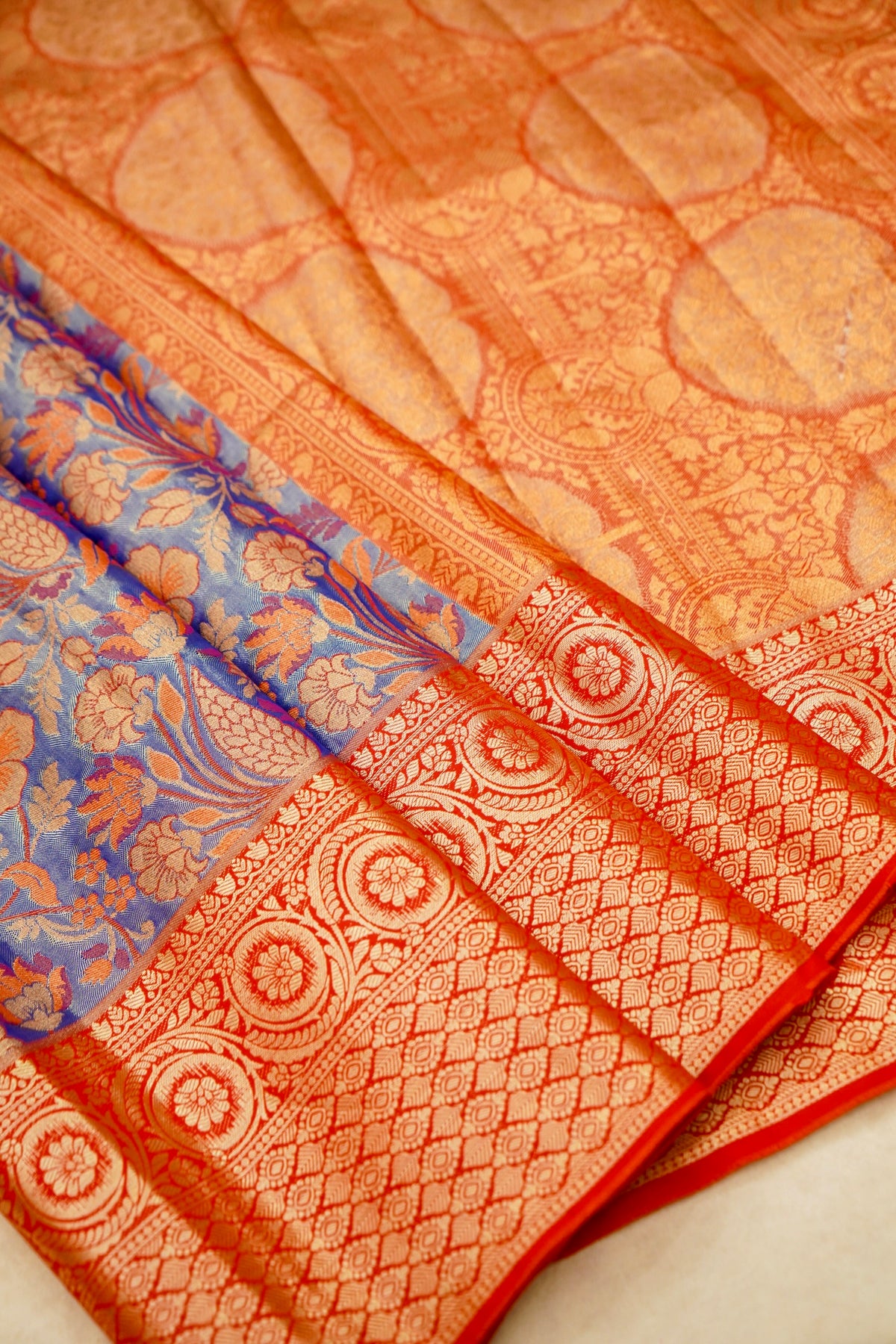 Sharvi - Coral Red and Powder Blue Dharmavaram Silk Saree