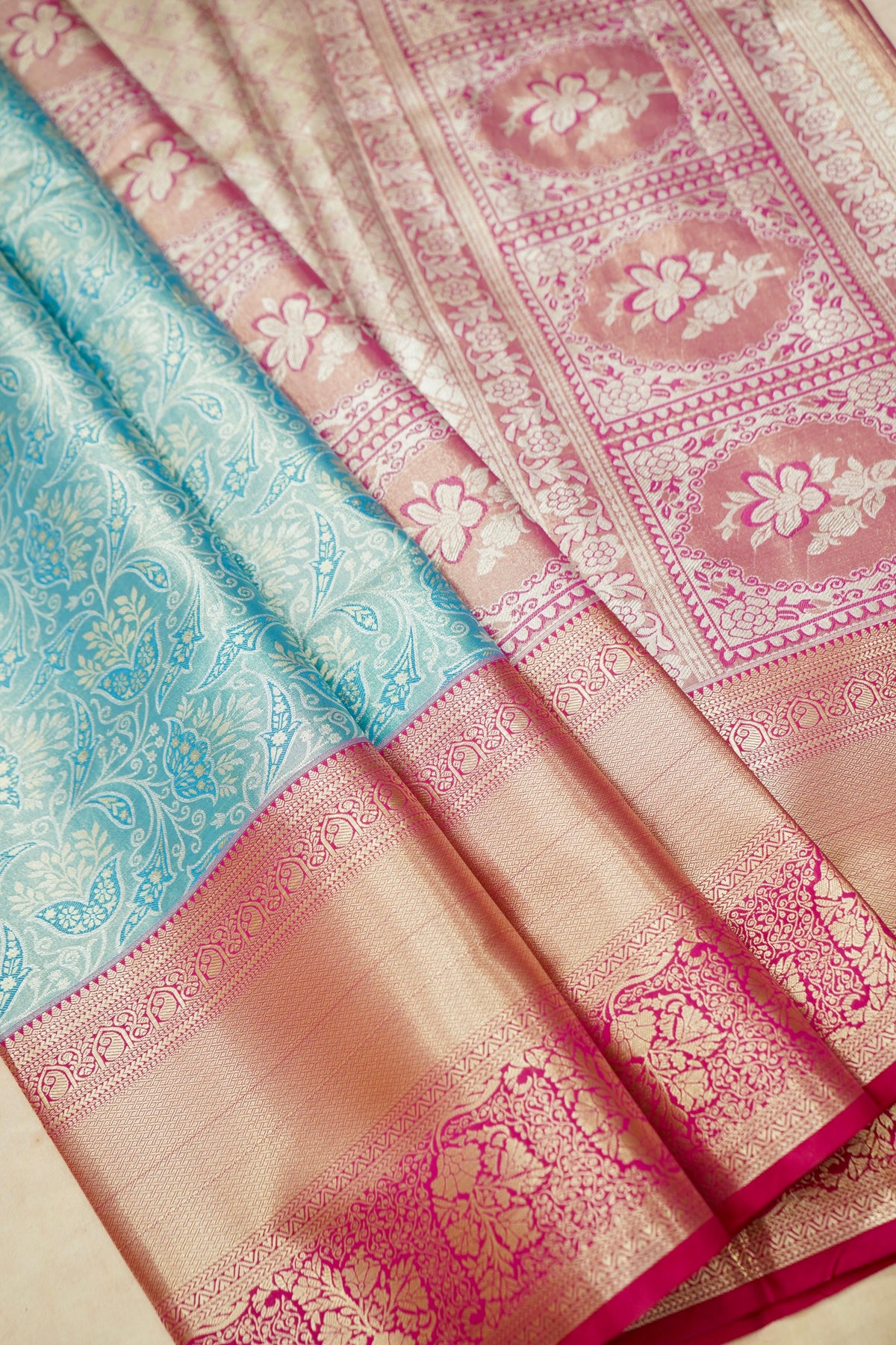 Devyani - Aqua Blue Kanchi Pattu Silk Saree with Rani Pink Korvai Border