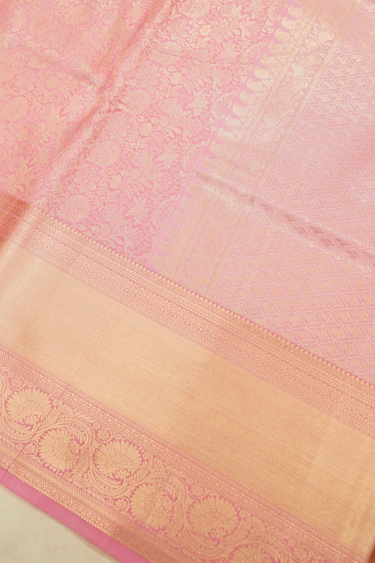 Devyani - Baby Pink Kanchi Pattu Silk Saree with Peach Border