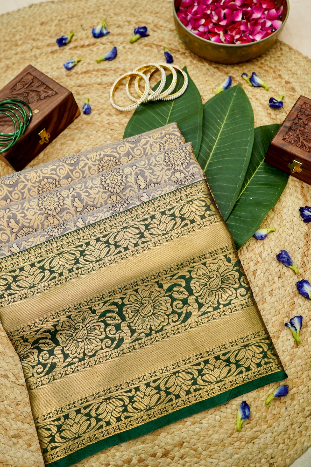Devyani - Olive Green Kanchi Pattu Silk Saree with Antique Gold Border