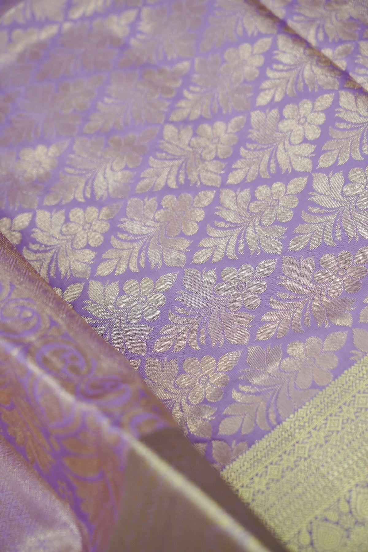 Devyani - Lavender Kanchi Pattu Silk Saree with Champagne Border