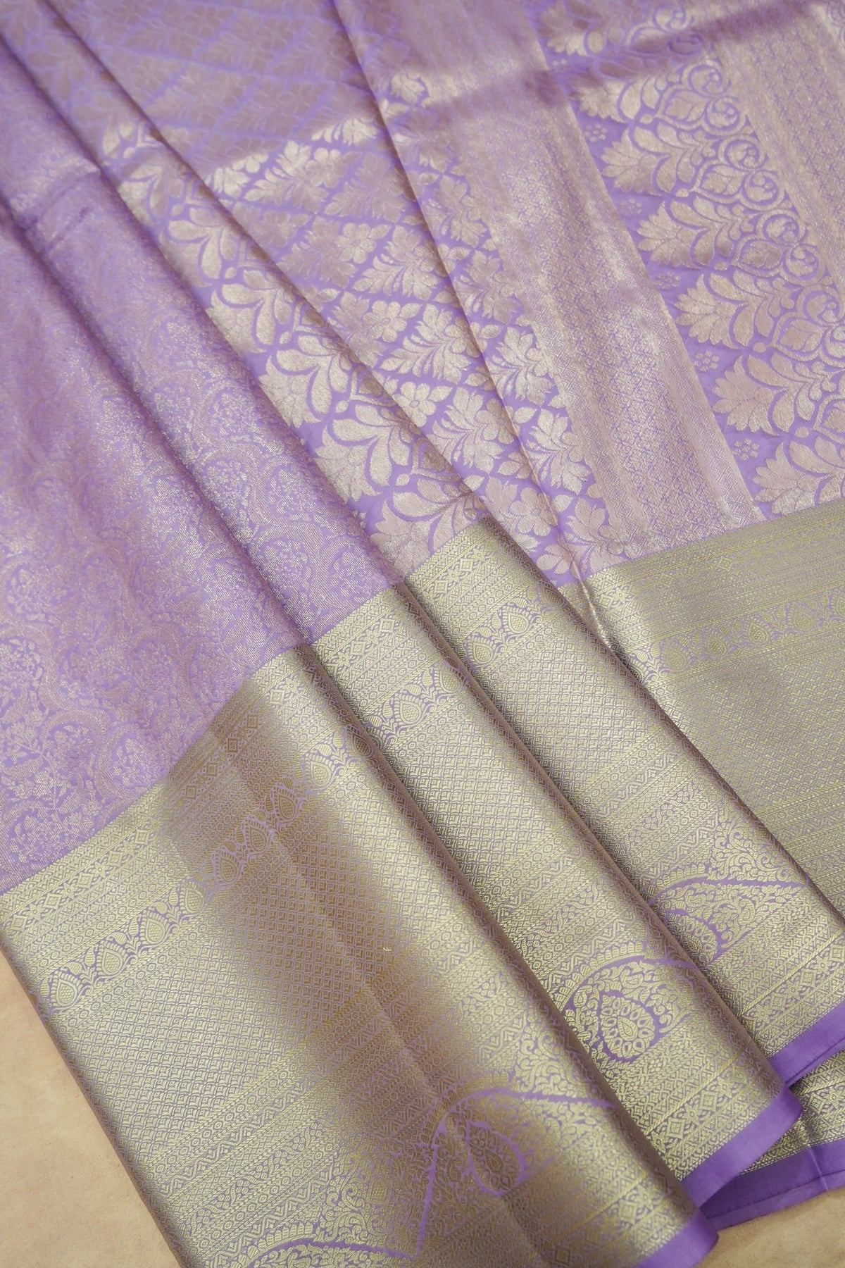 Devyani - Lavender Kanchi Pattu Silk Saree with Champagne Border