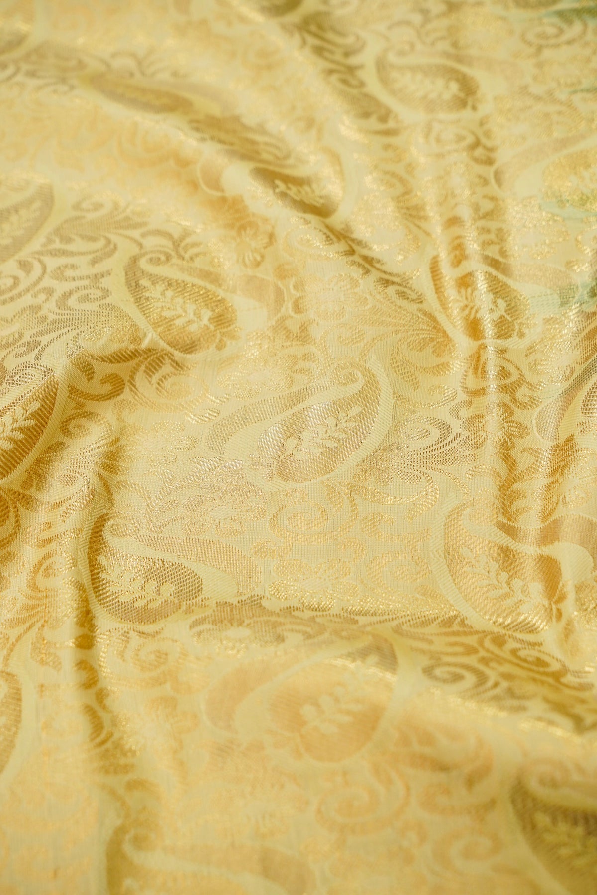 Devyani - Pastel Yellow Kanchi Pattu Silk Saree with Green Border