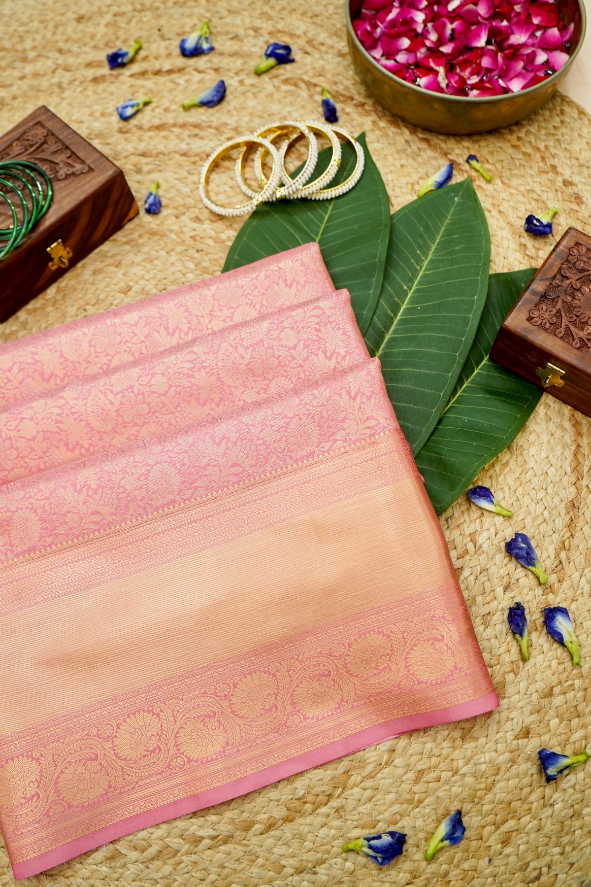 Devyani - Baby Pink Kanchi Pattu Silk Saree with Peach Border