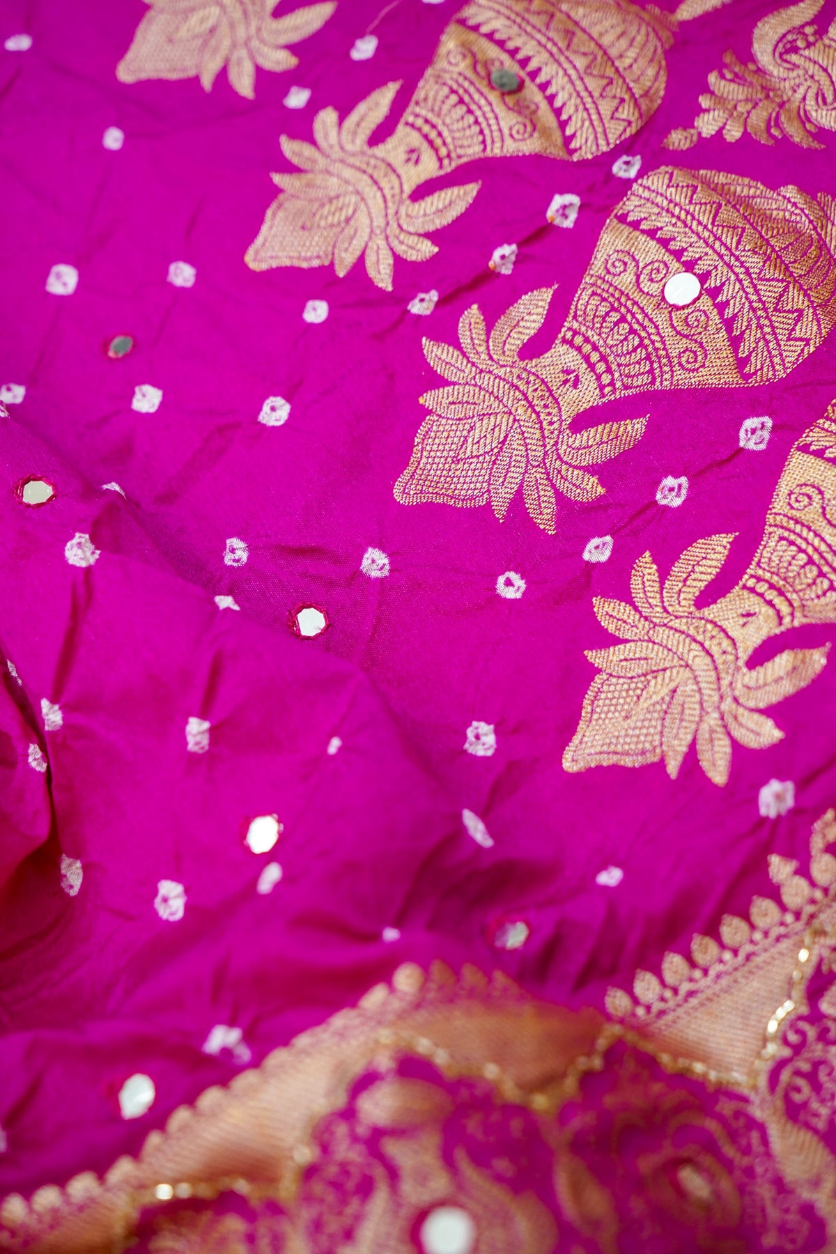 Kalash - Rani Pink Bandhani Dupion Silk Saree with Fringe Border