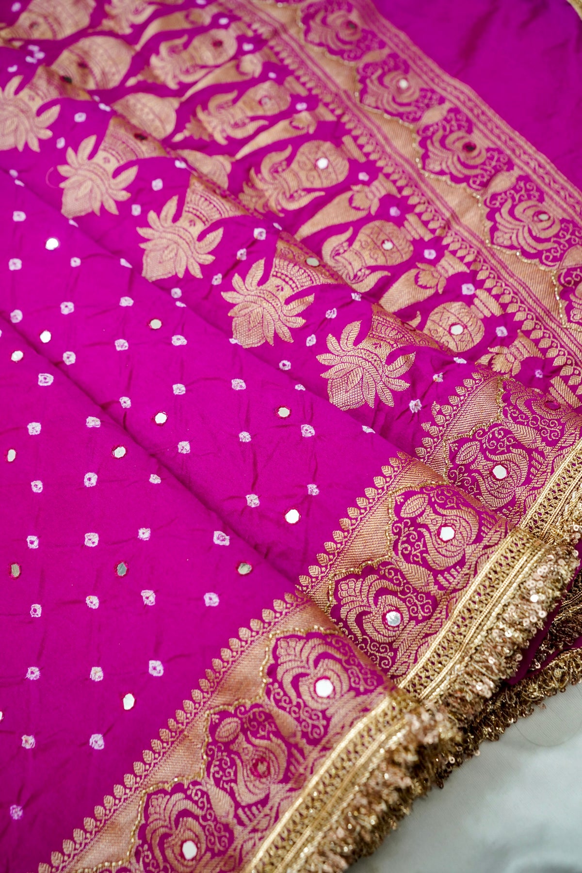 Kalash - Rani Pink Bandhani Dupion Silk Saree with Fringe Border