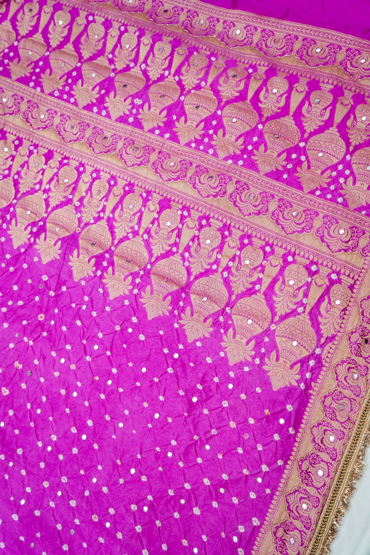 Kalash - Hot Pink Bandhani Dupion Silk Saree with Fringe Border