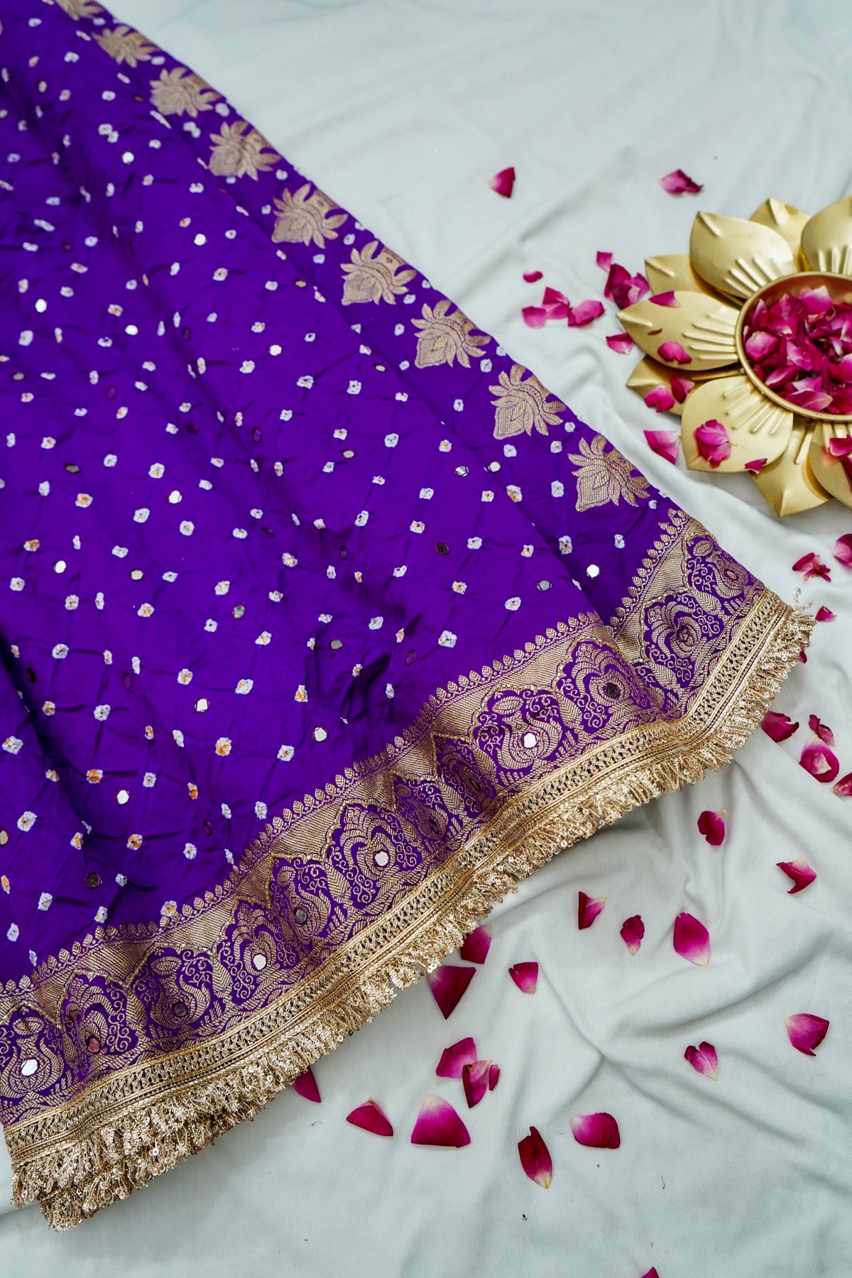 Kalash - Royal Purple Bandhani Dupion Silk Saree with Fringe Border