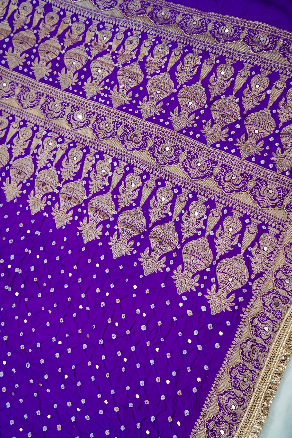 Kalash - Royal Purple Bandhani Dupion Silk Saree with Fringe Border
