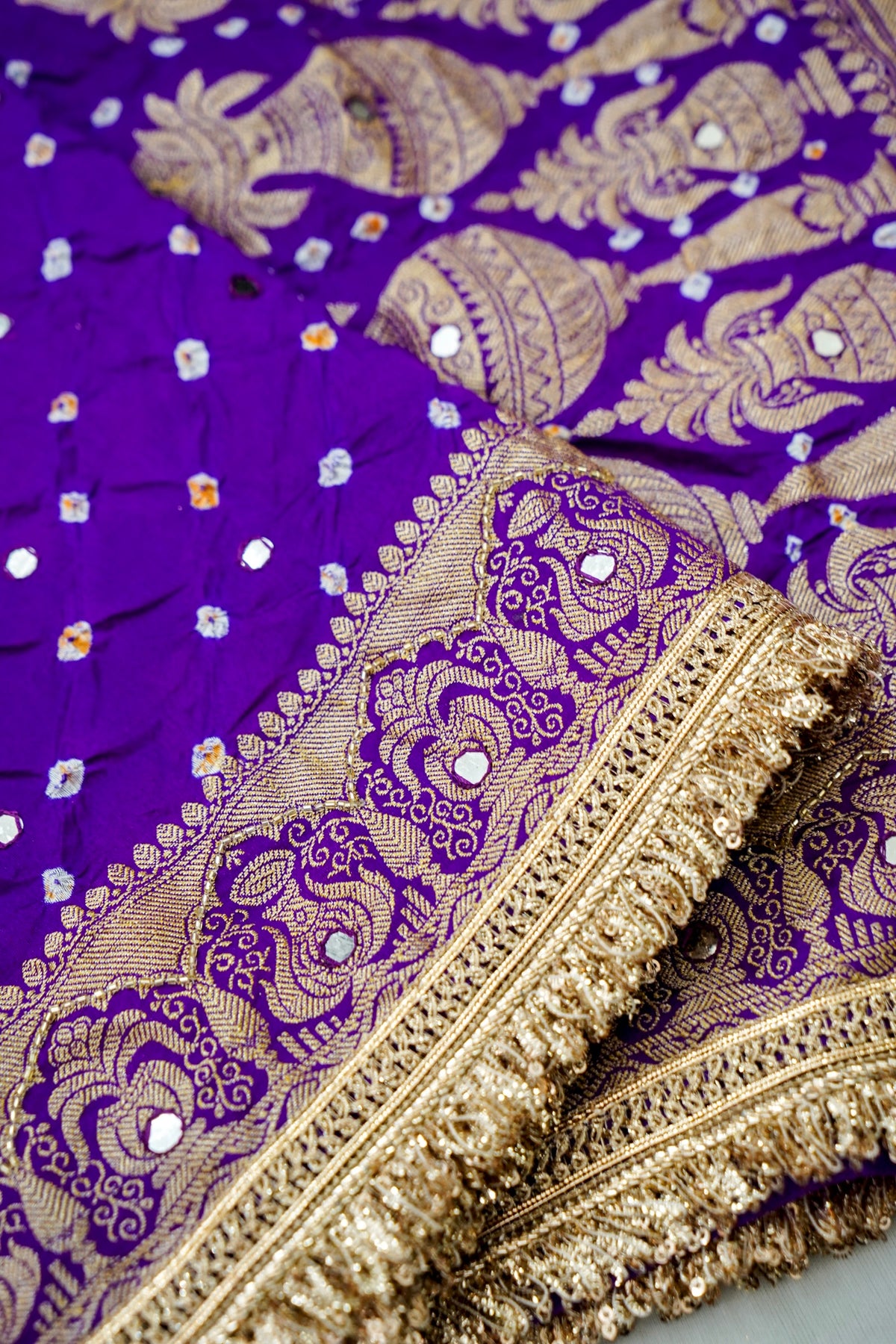 Kalash - Royal Purple Bandhani Dupion Silk Saree with Fringe Border