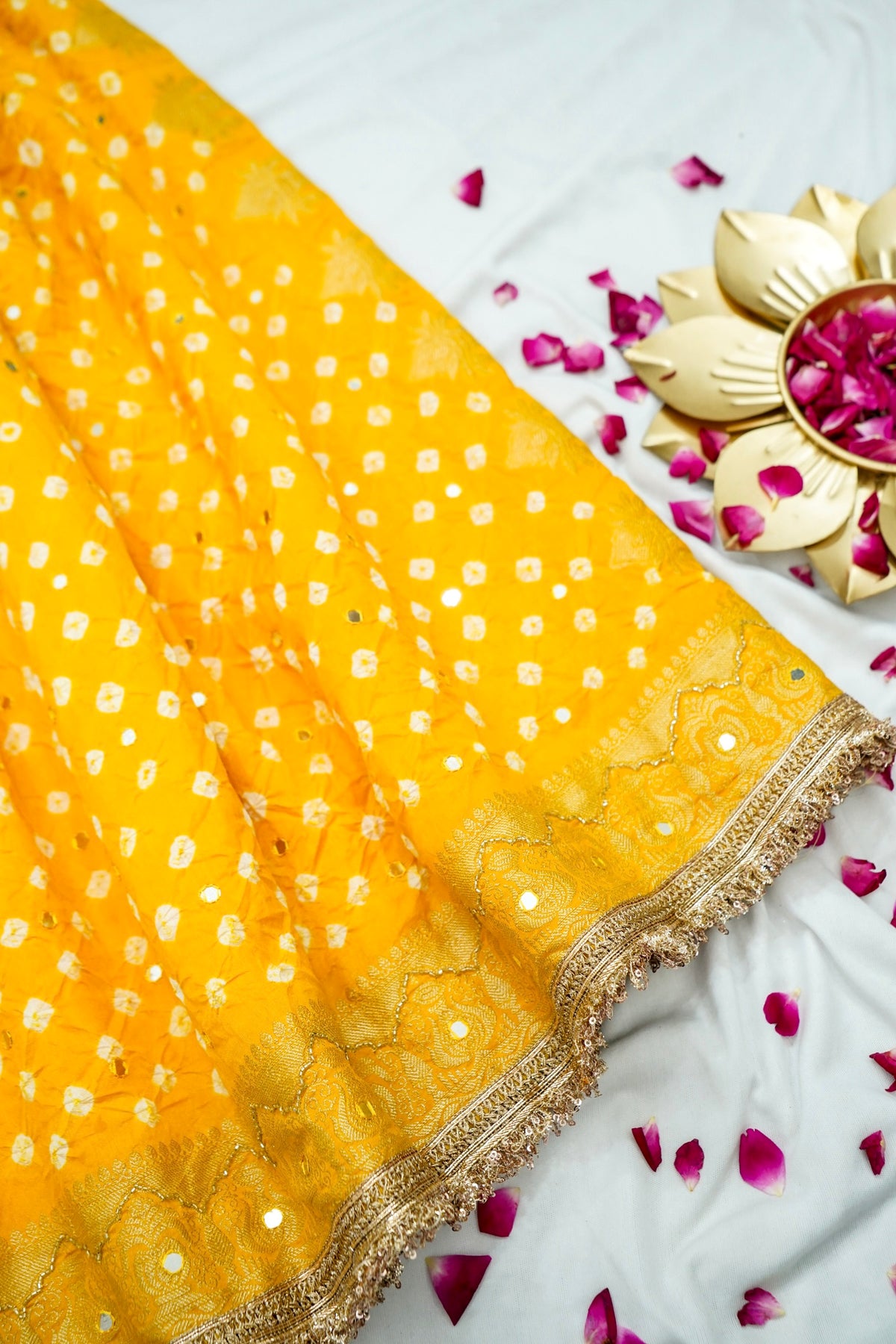 Kalash - Sunshine Yellow Bandhani Dupion Silk Saree with Fringe Border