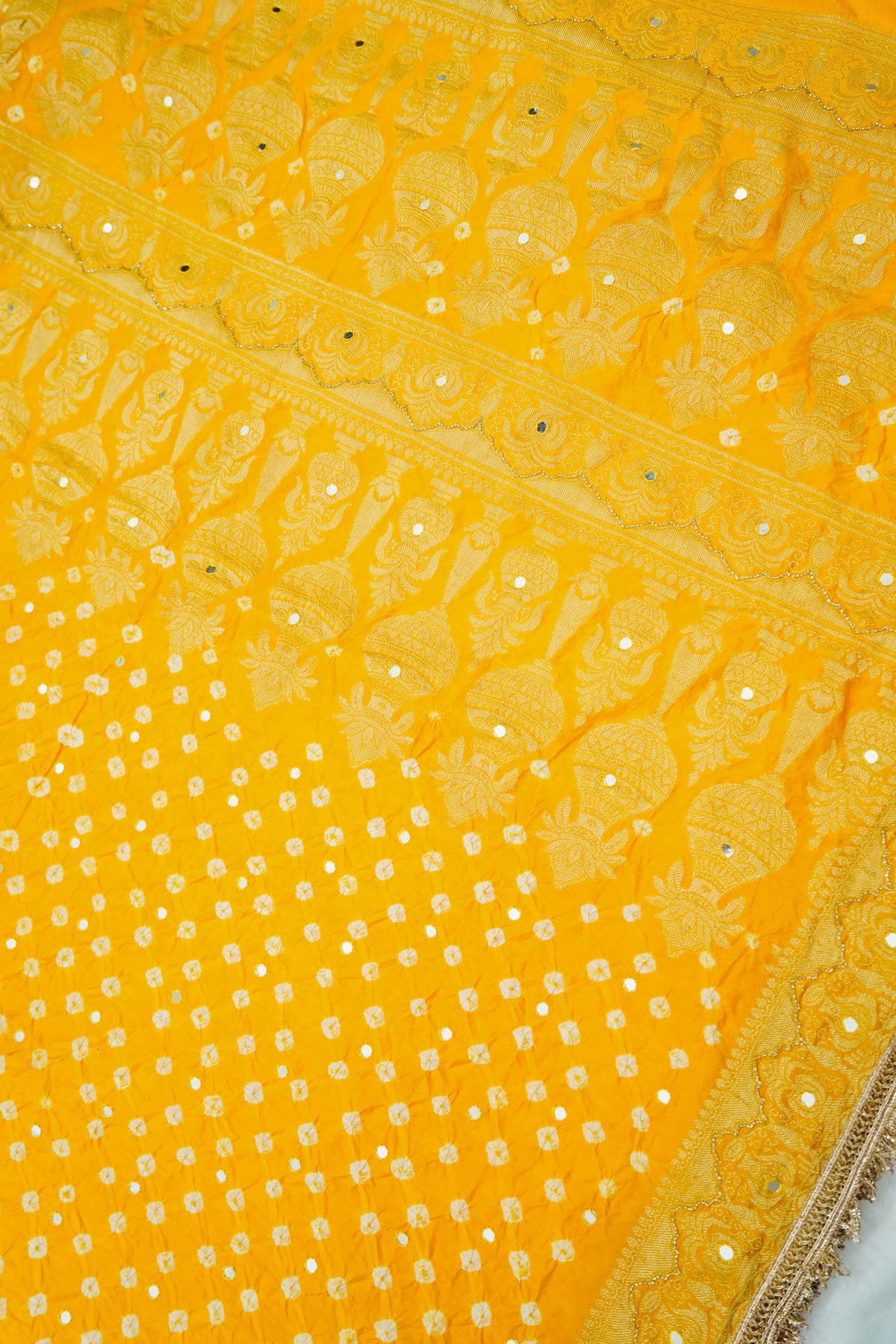 Kalash - Sunshine Yellow Bandhani Dupion Silk Saree with Fringe Border