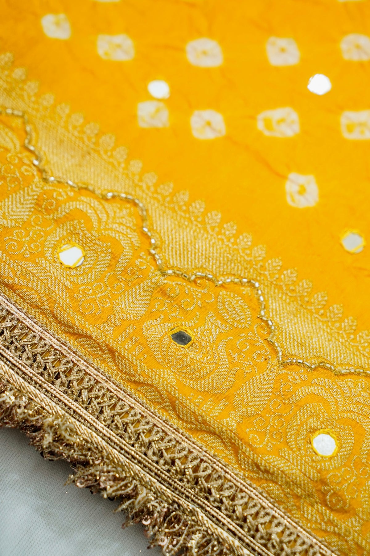 Kalash - Sunshine Yellow Bandhani Dupion Silk Saree with Fringe Border