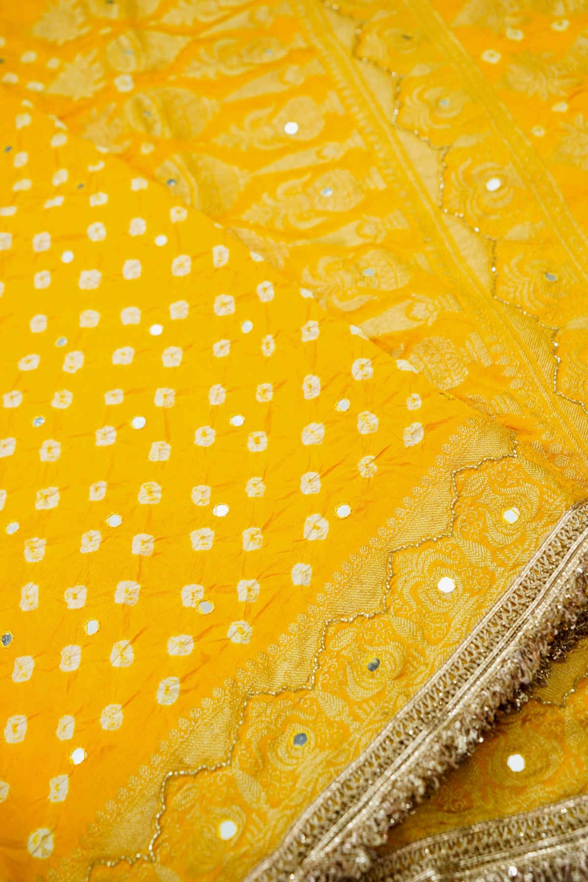 Kalash - Sunshine Yellow Bandhani Dupion Silk Saree with Fringe Border