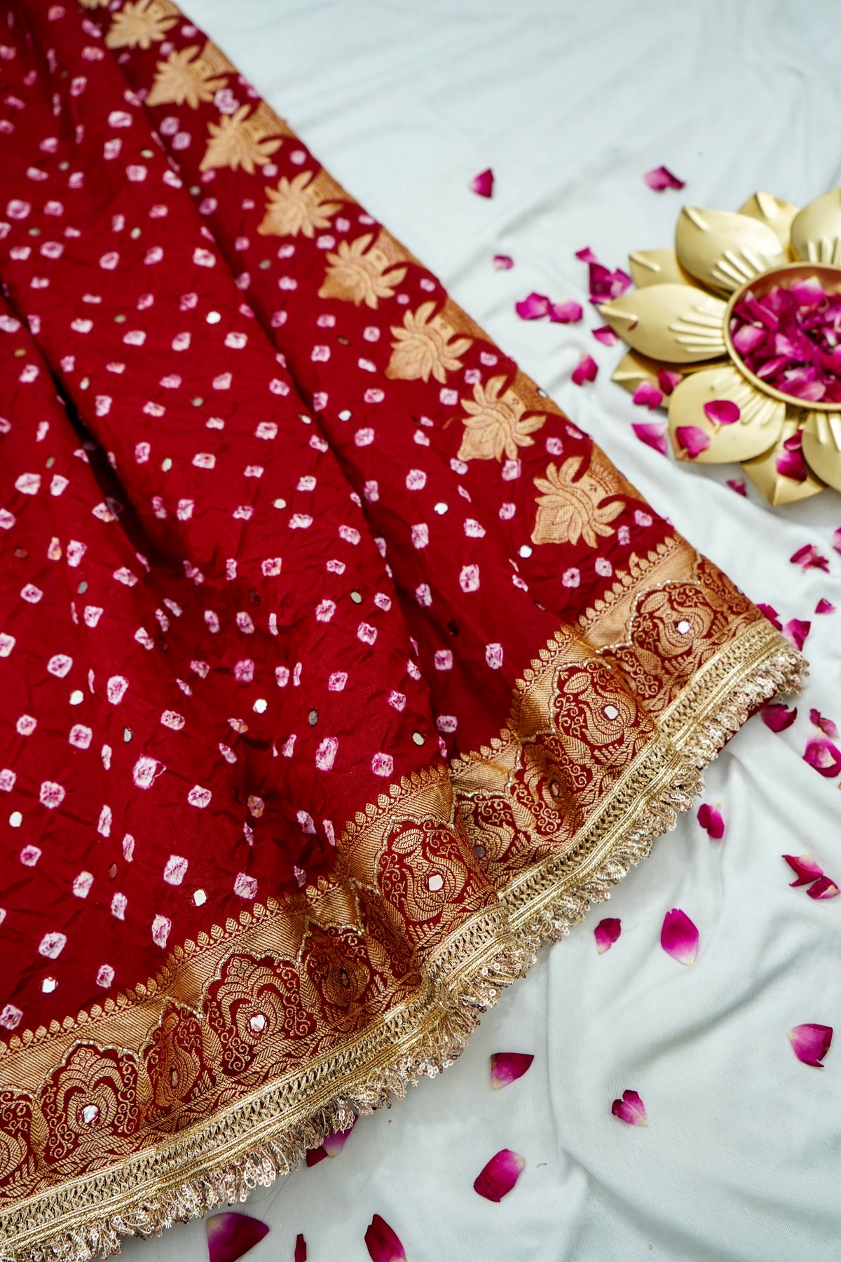 Kalash - Crimson Red Bandhani Dupion Silk Saree with Fringe Border