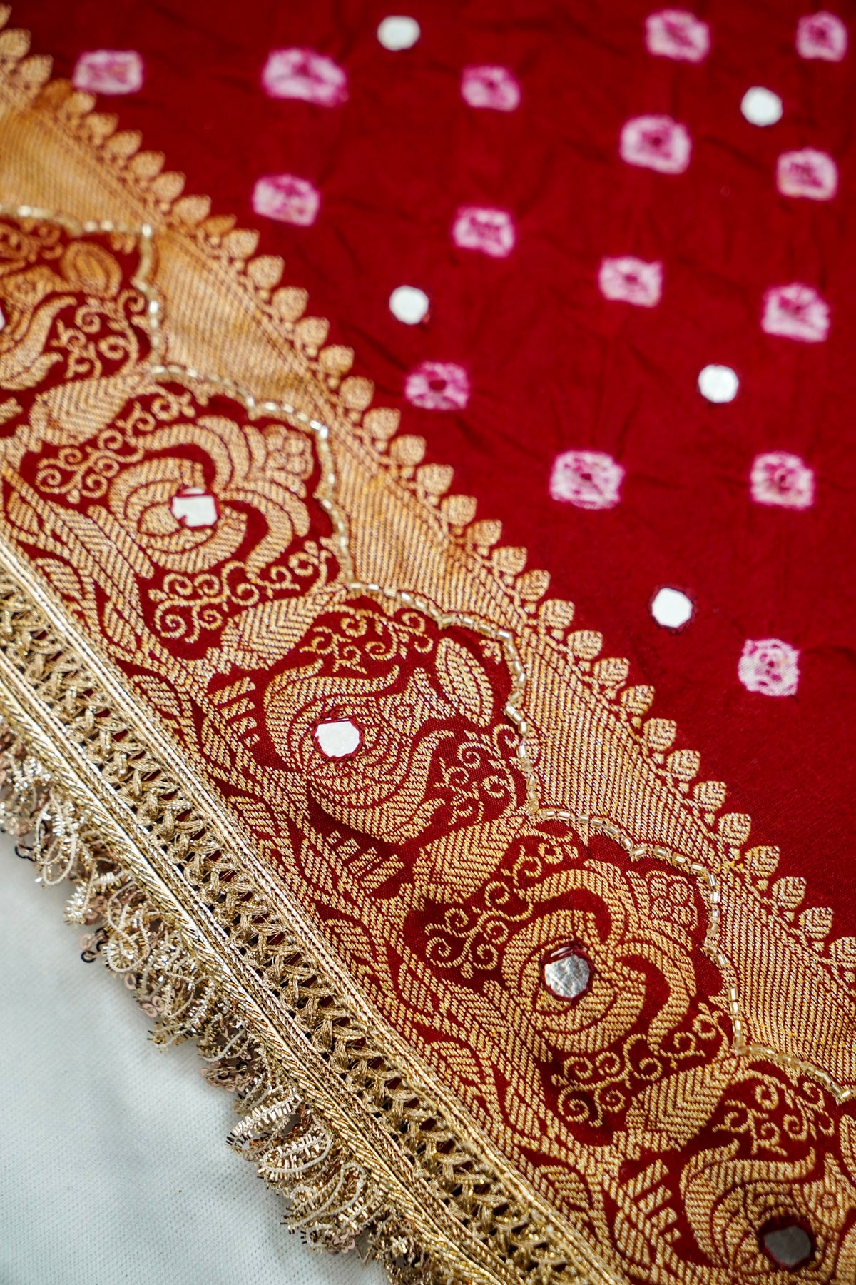 Kalash - Crimson Red Bandhani Dupion Silk Saree with Fringe Border