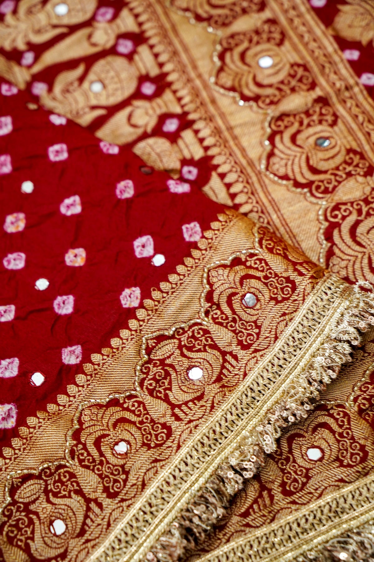 Kalash - Crimson Red Bandhani Dupion Silk Saree with Fringe Border