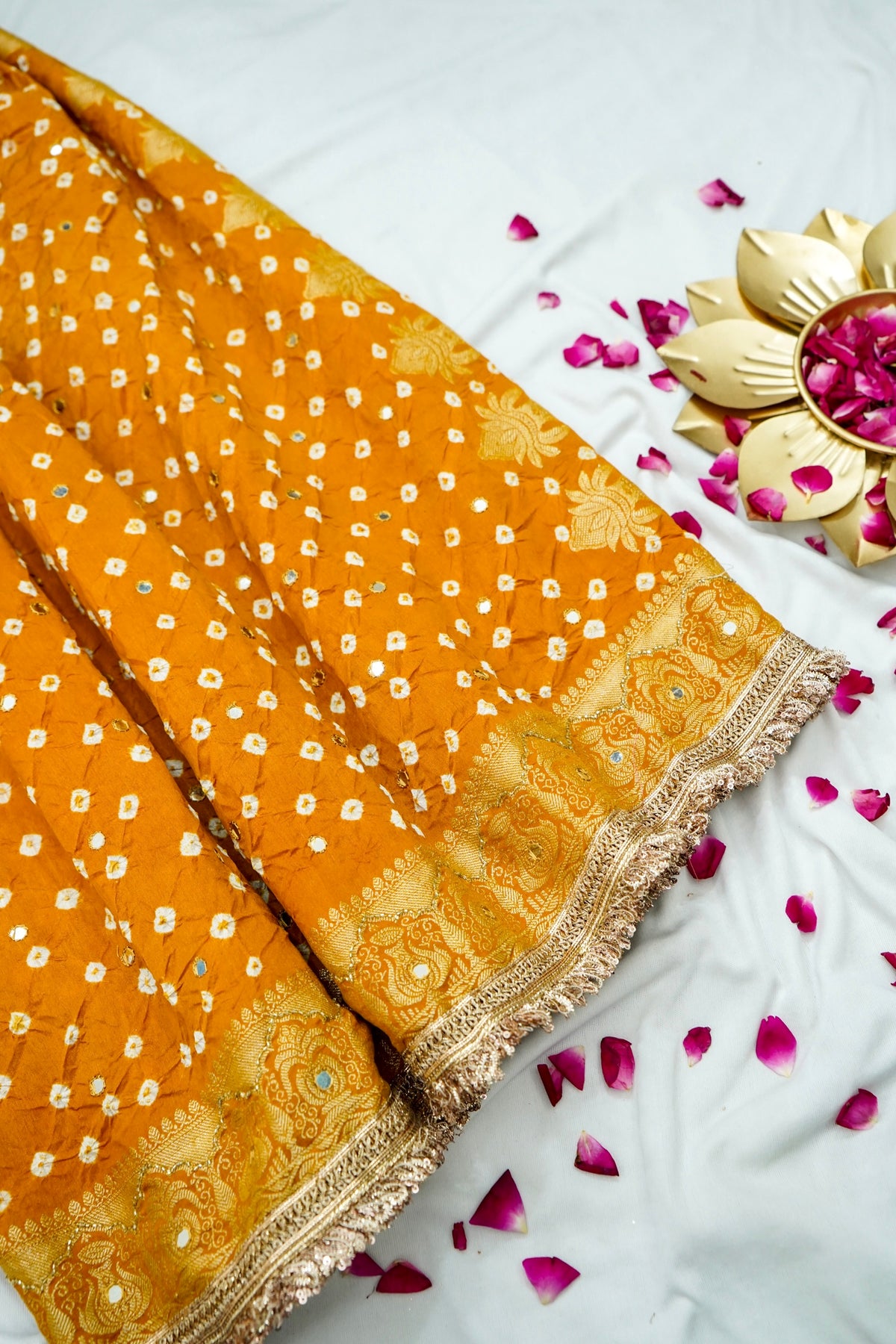 Kalash - Marigold Orange Bandhani Dupion Silk Saree with Fringe Border