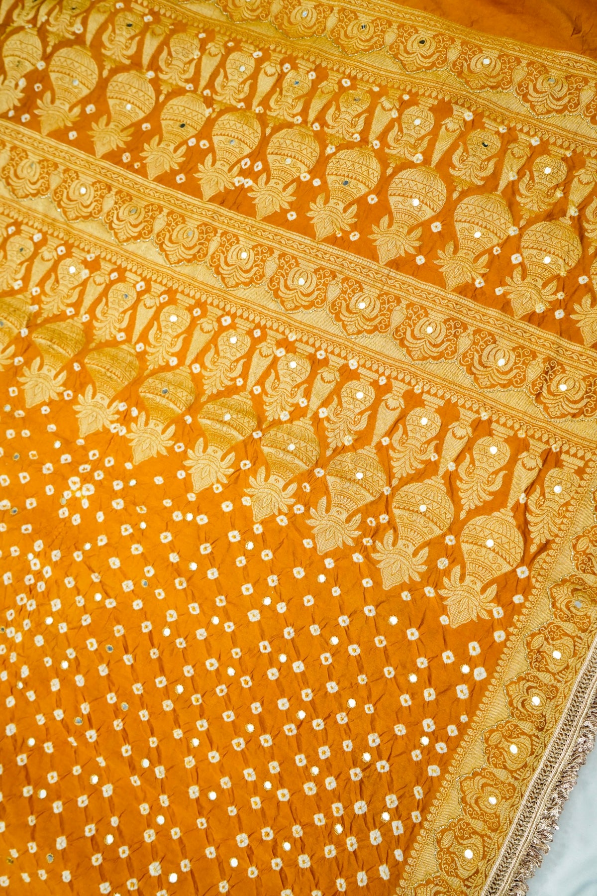 Kalash - Marigold Orange Bandhani Dupion Silk Saree with Fringe Border