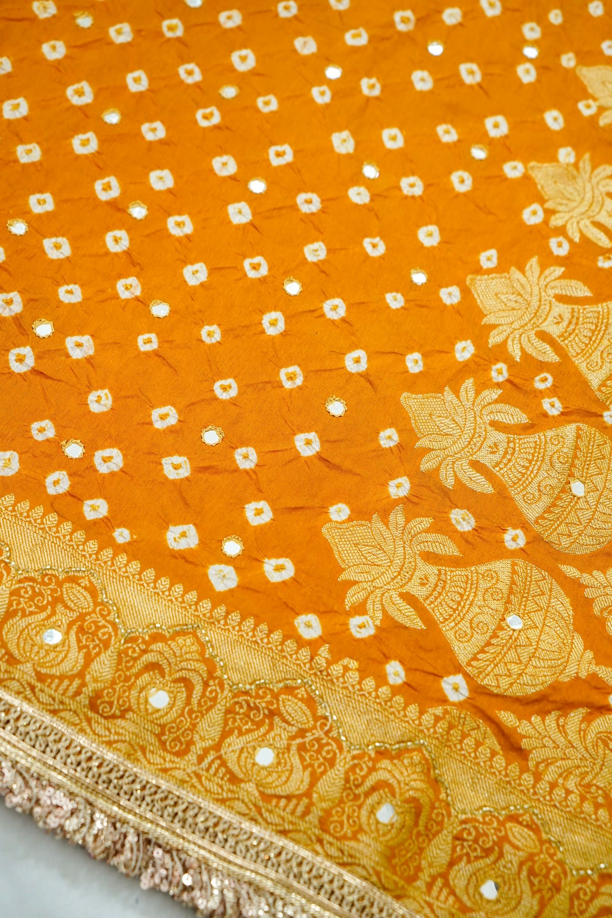 Kalash - Marigold Orange Bandhani Dupion Silk Saree with Fringe Border