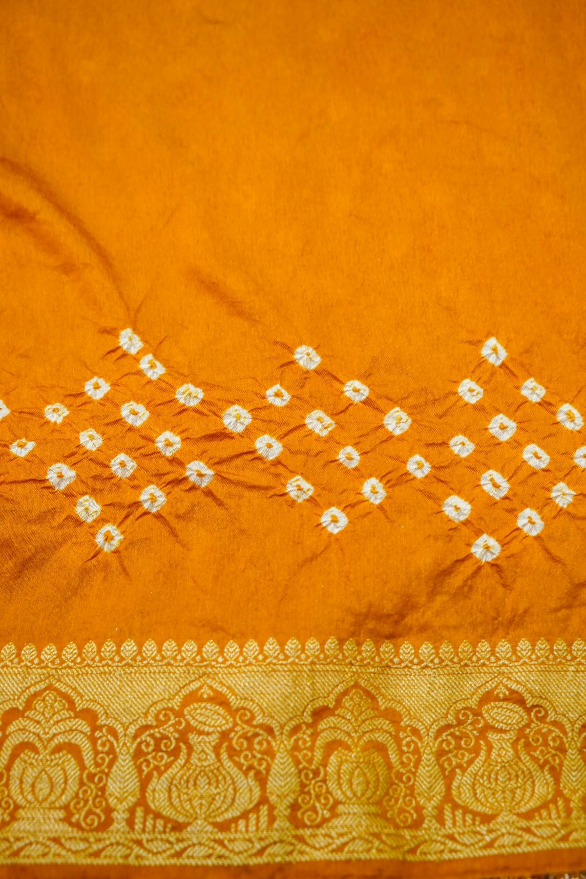 Kalash - Marigold Orange Bandhani Dupion Silk Saree with Fringe Border