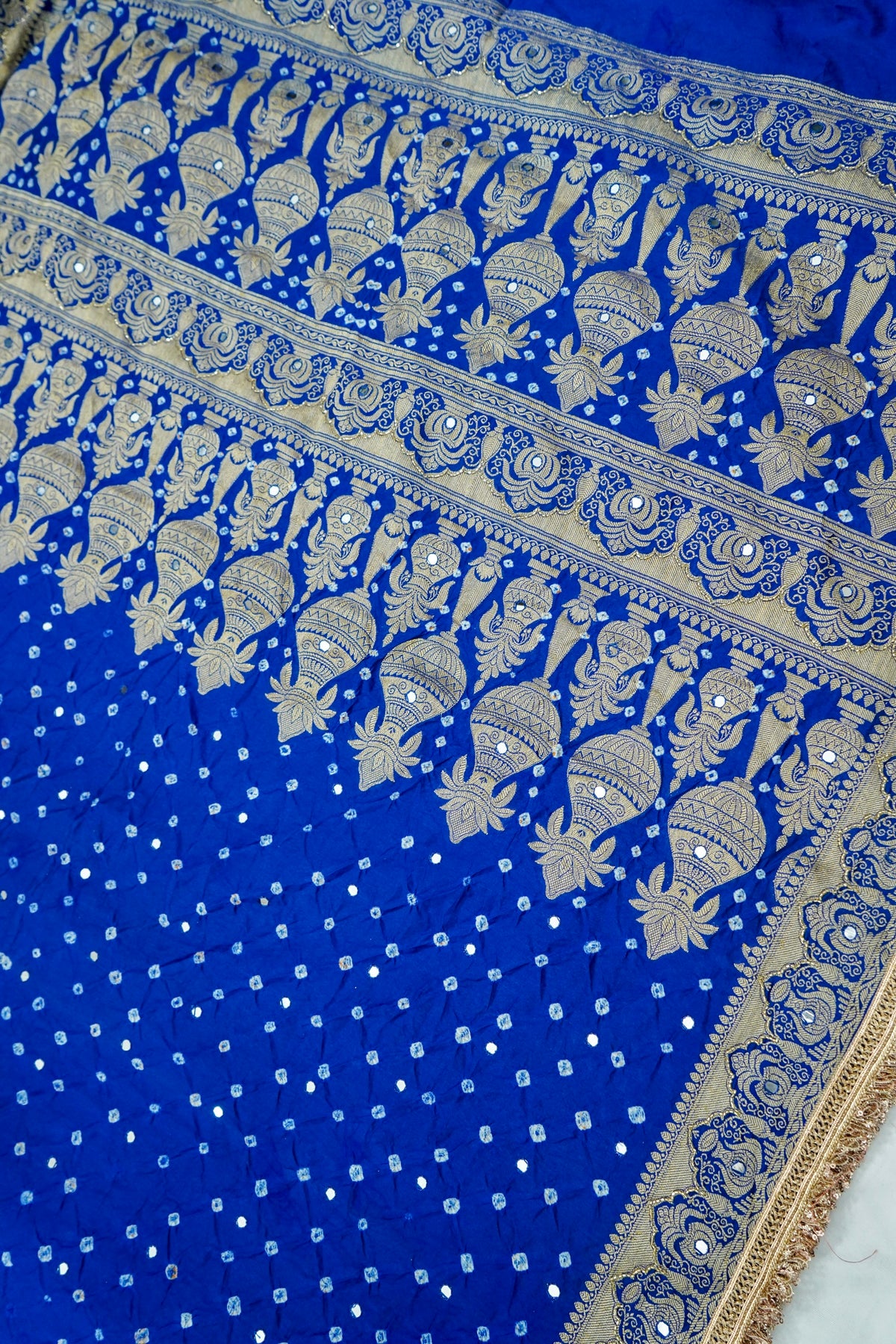 Kalash - Cobalt Blue Bandhani Dupion Silk Saree with Fringe Border