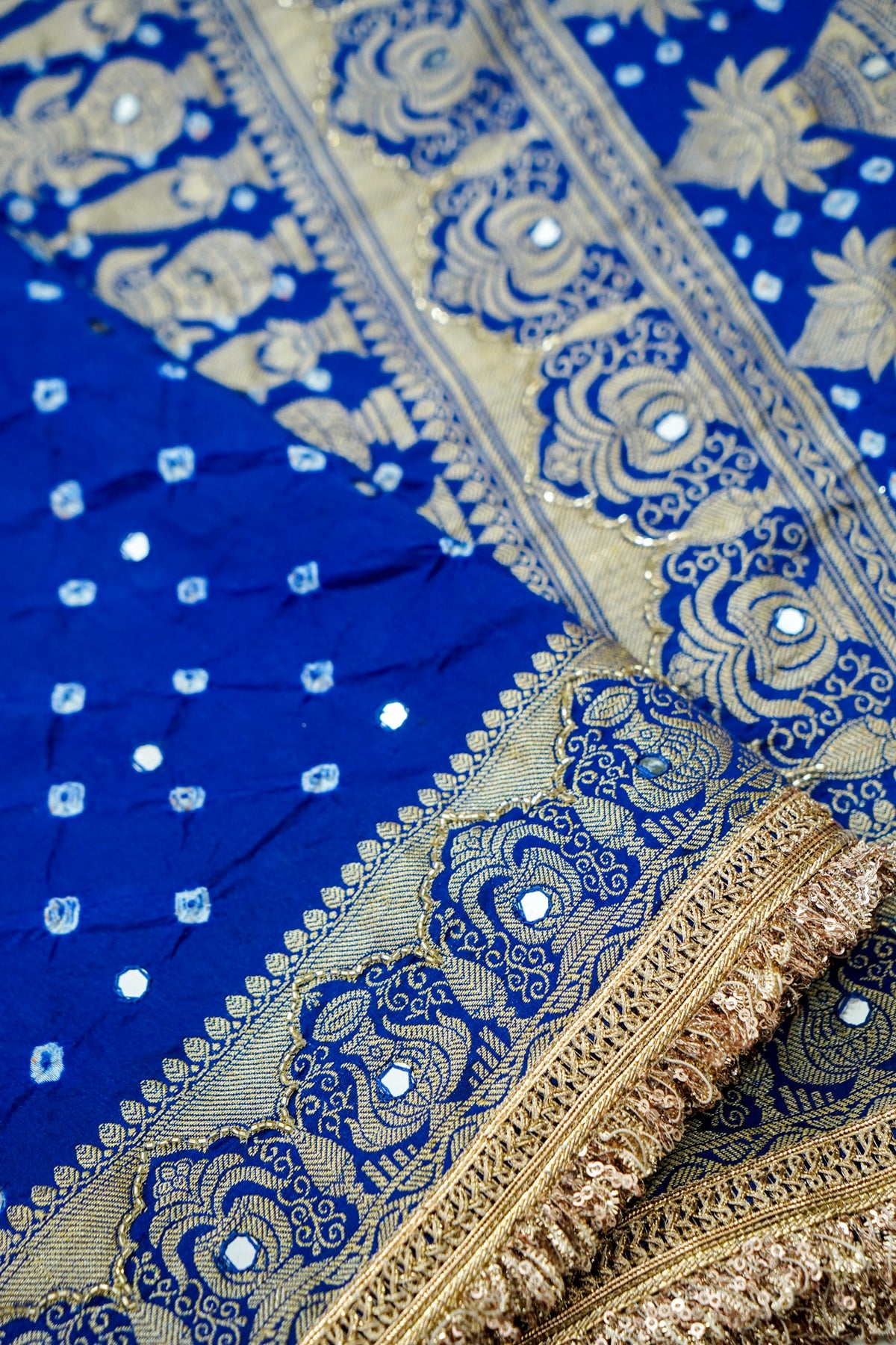 Kalash - Cobalt Blue Bandhani Dupion Silk Saree with Fringe Border