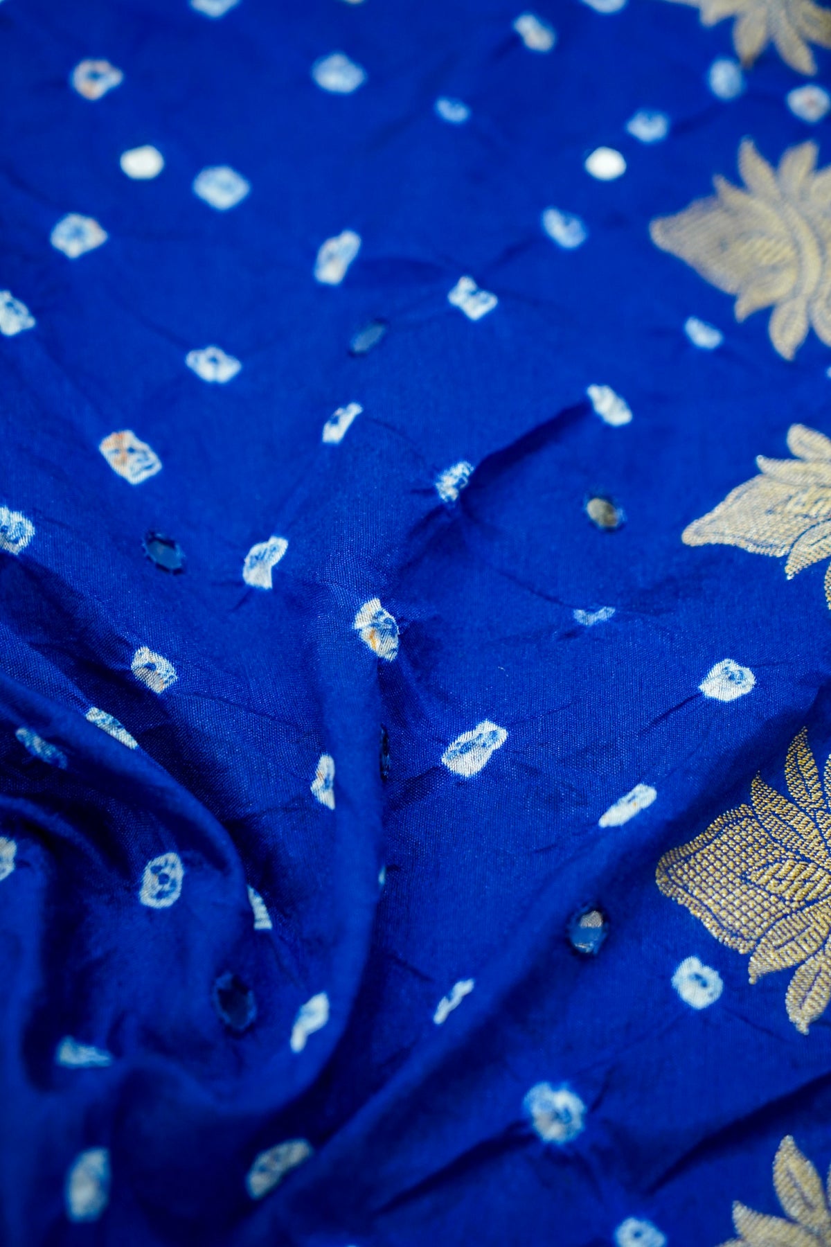 Kalash - Cobalt Blue Bandhani Dupion Silk Saree with Fringe Border