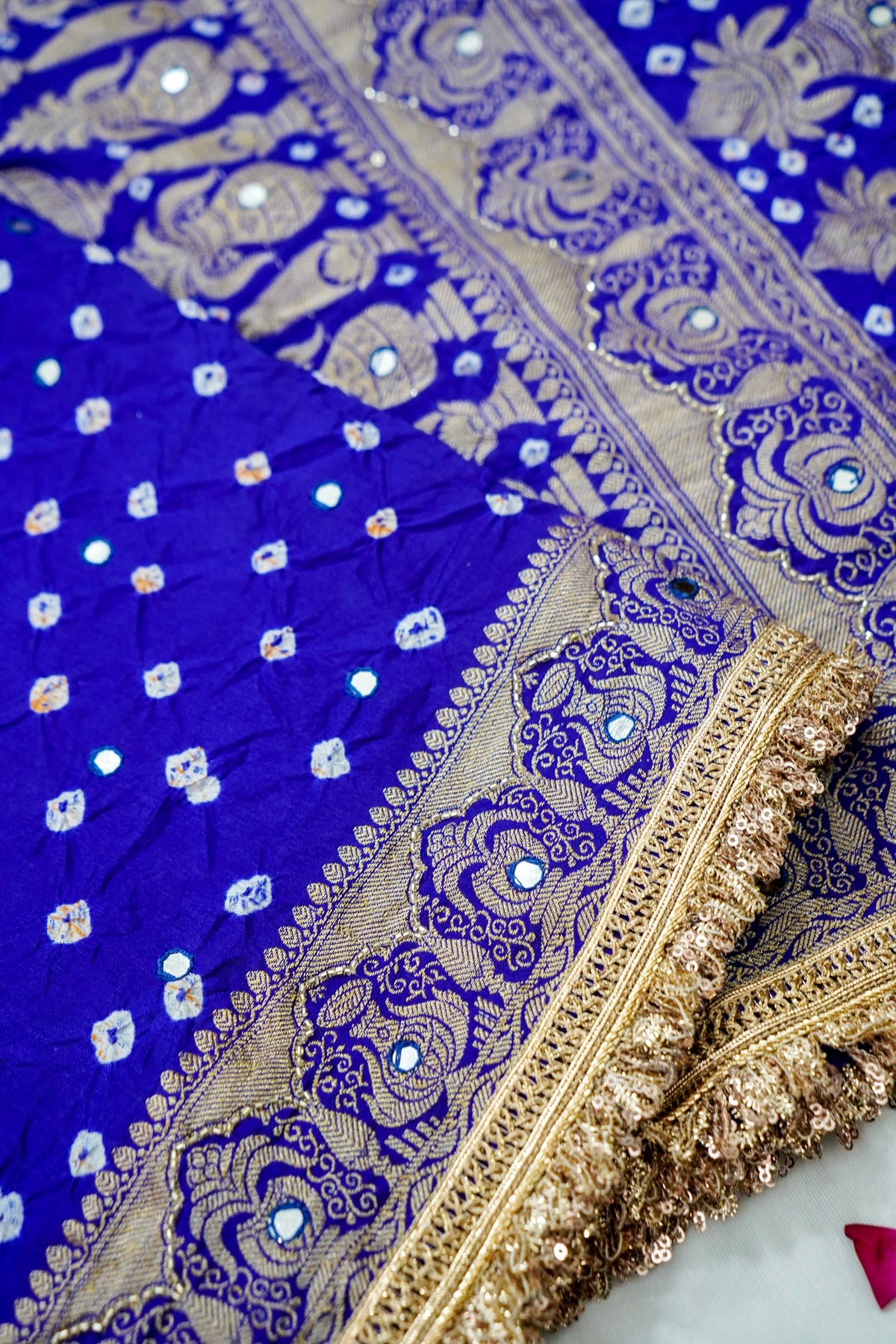 Kalash - Royal Blue Bandhani Dupion Silk Saree with Fringe Border
