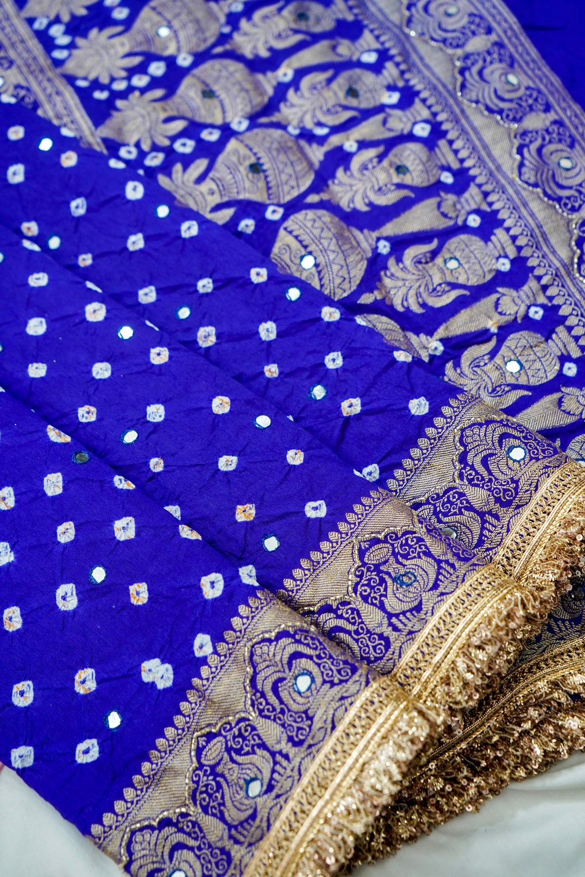 Kalash - Royal Blue Bandhani Dupion Silk Saree with Fringe Border