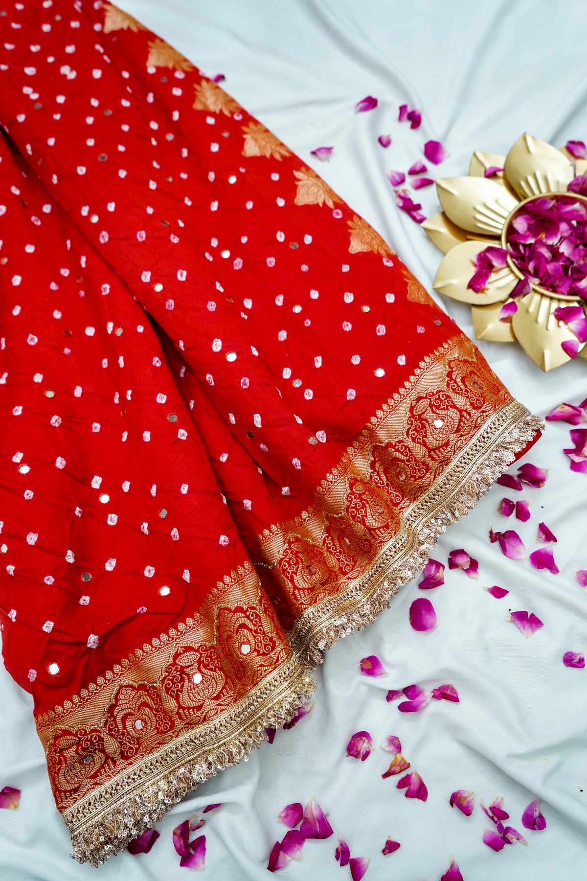 Kalash - Vermilion Red Bandhani Dupion Silk Saree with Fringe Border