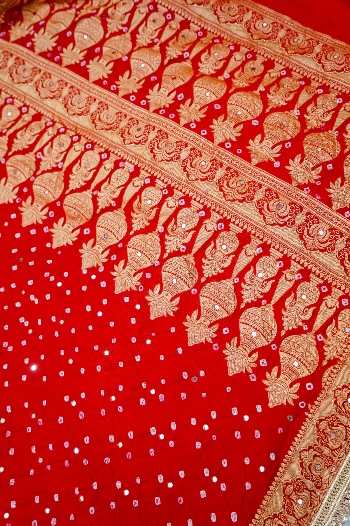 Kalash - Vermilion Red Bandhani Dupion Silk Saree with Fringe Border
