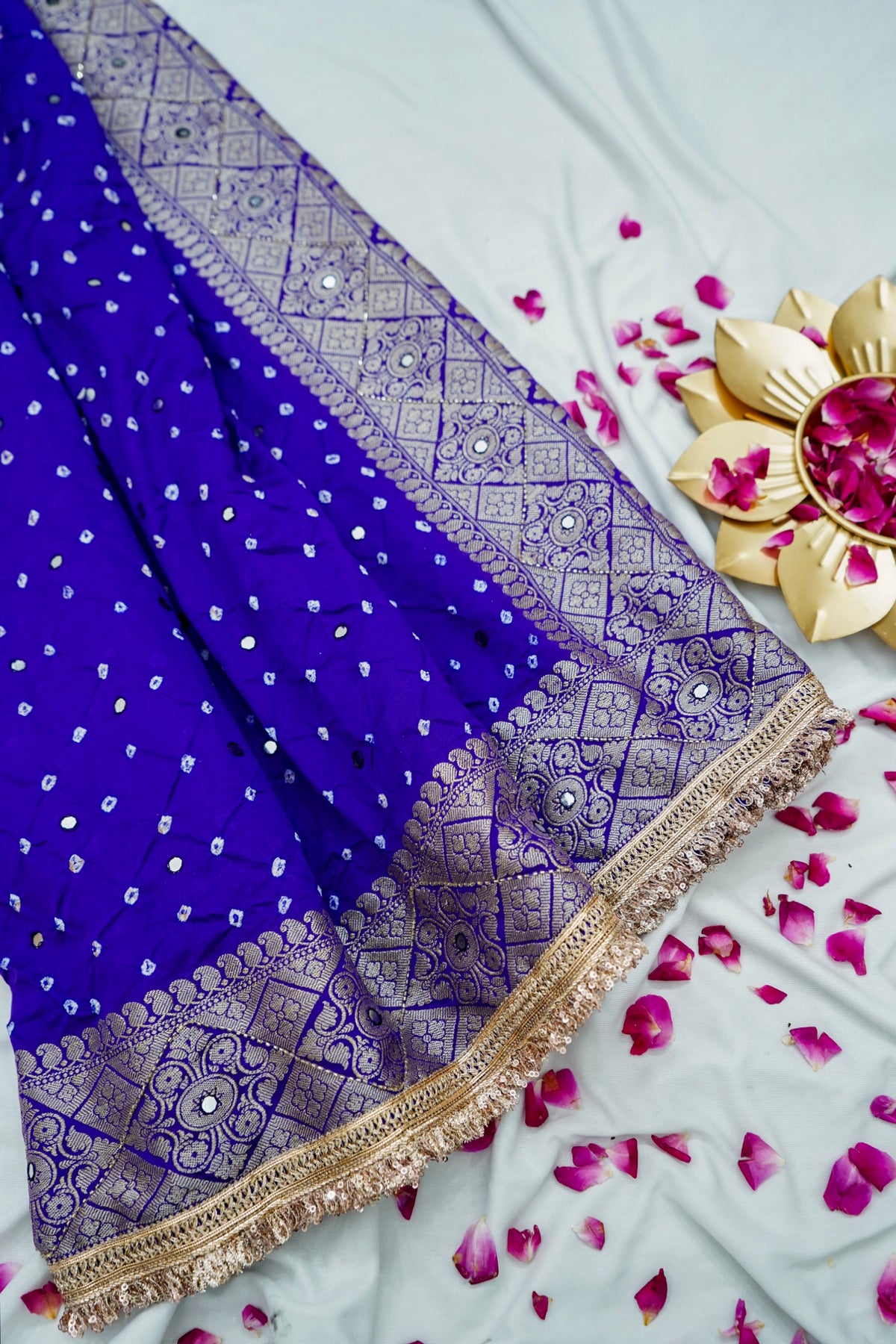 Cobalt Blue Bandhani Banarasi Dupion Silk Saree with Fringe Border