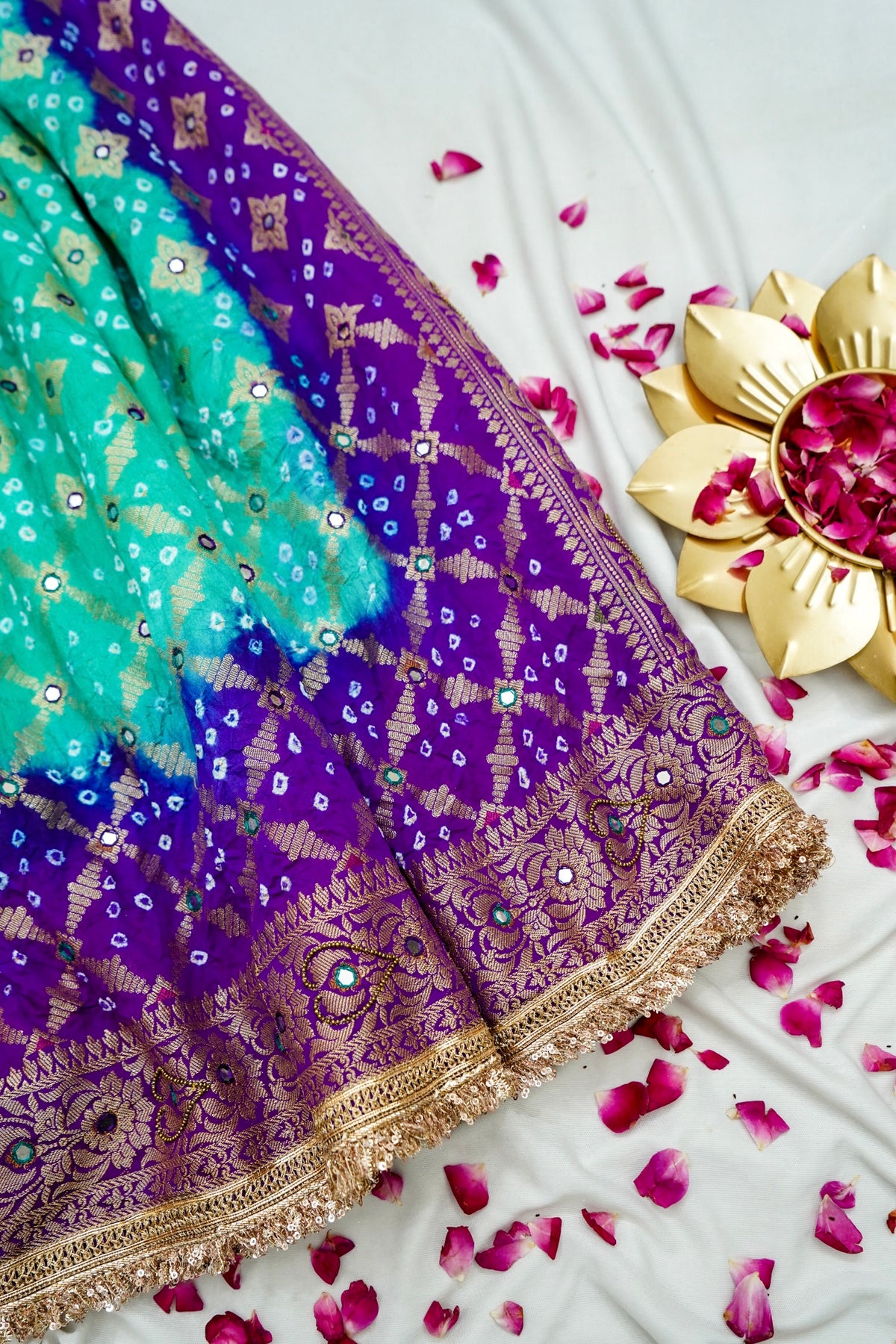 Dual Shade - Turquoise and Royal Purple Bandhani Dupion Silk Saree