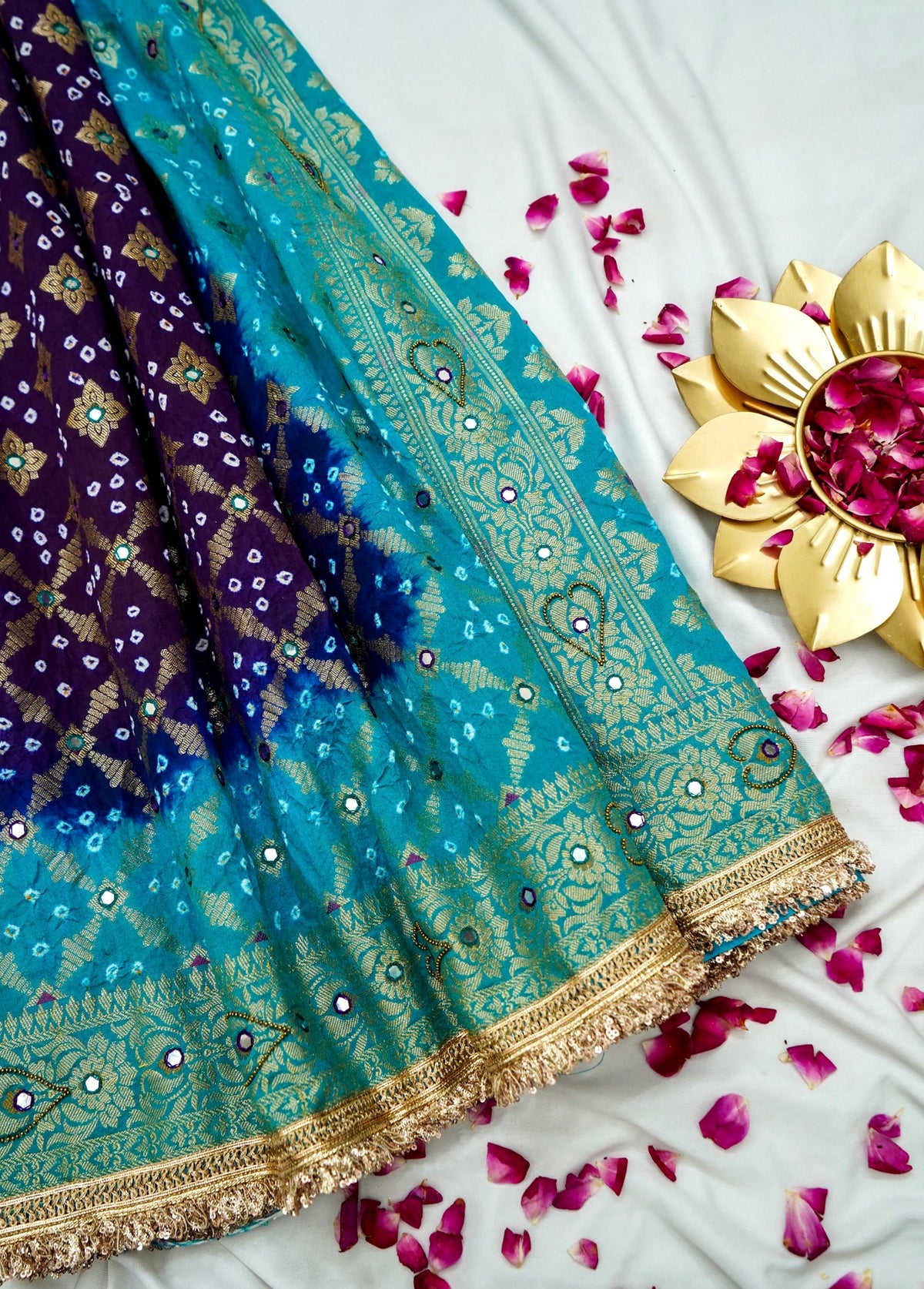 Dual Shade - Royal Blue and Turquoise Bandhani Dupion Silk Saree