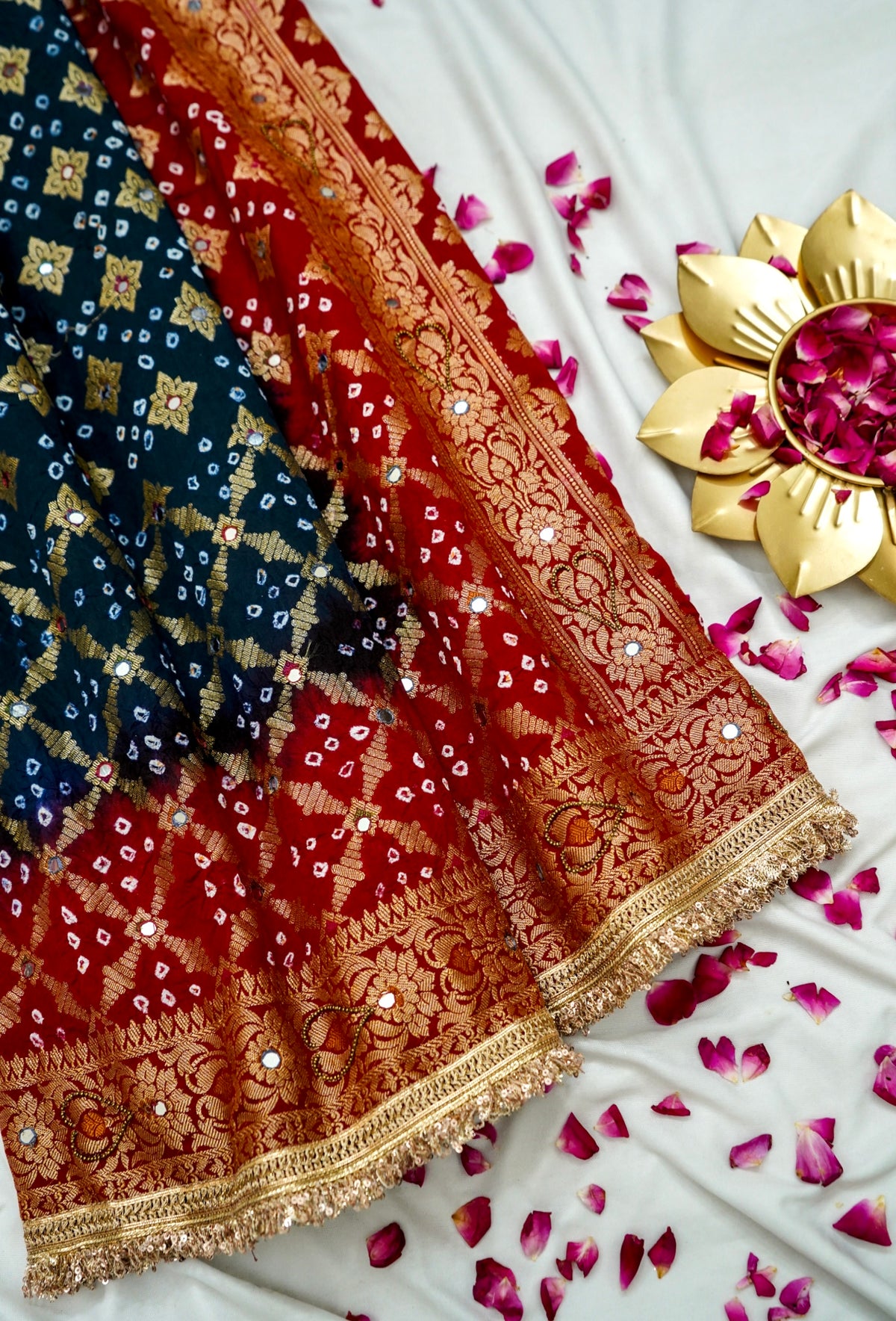 Dual Shade - Navy Blue and Crimson Red Bandhani Dupion Silk Saree