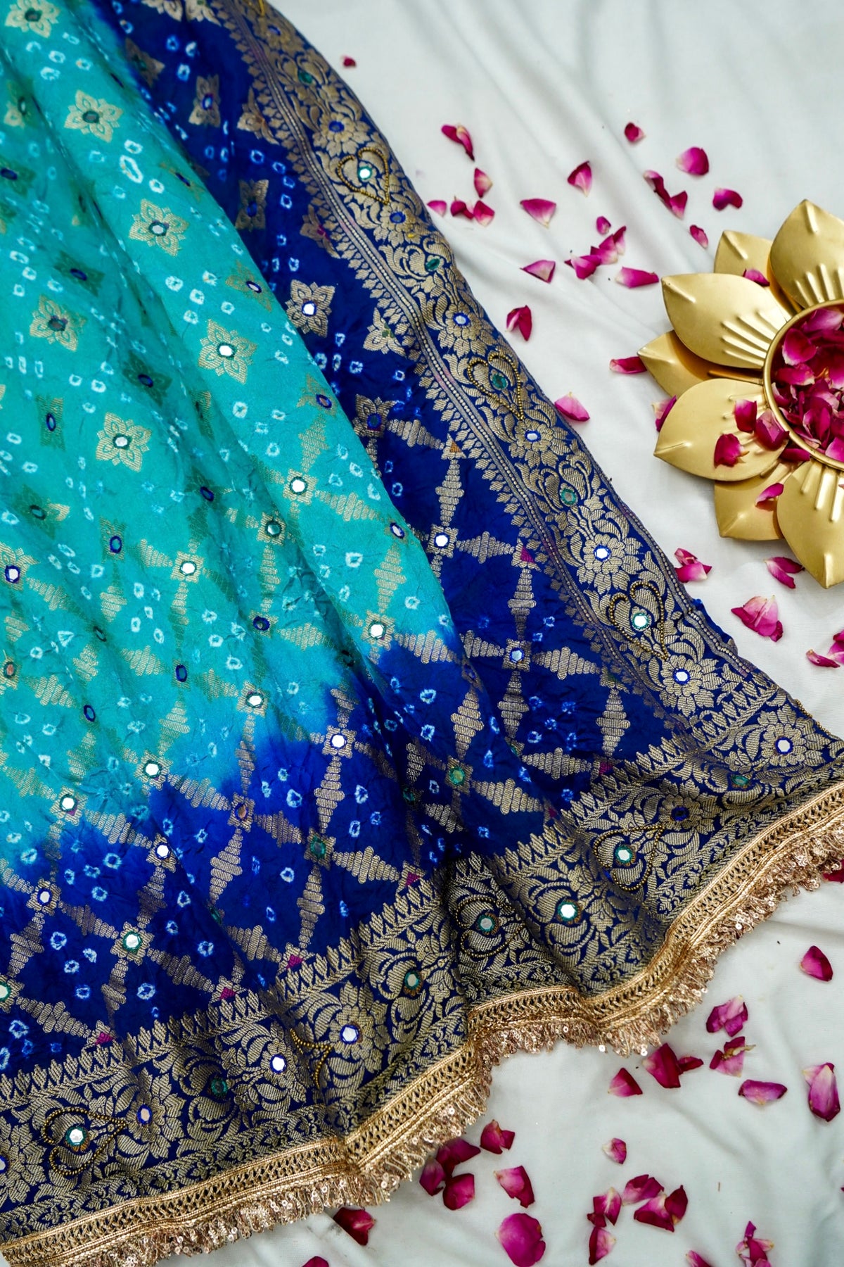 Dual Shade - Turquoise and Royal Blue Bandhani Dupion Silk Saree
