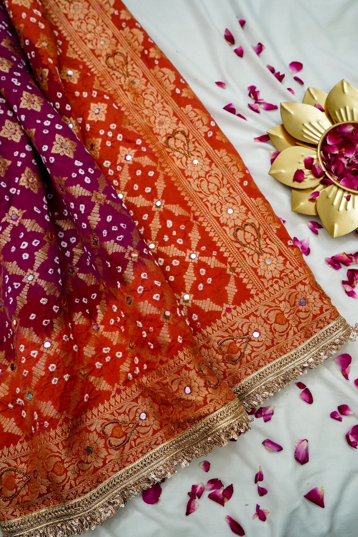 Dual Shade - Purple and Orange Bandhani Dupion Silk Saree