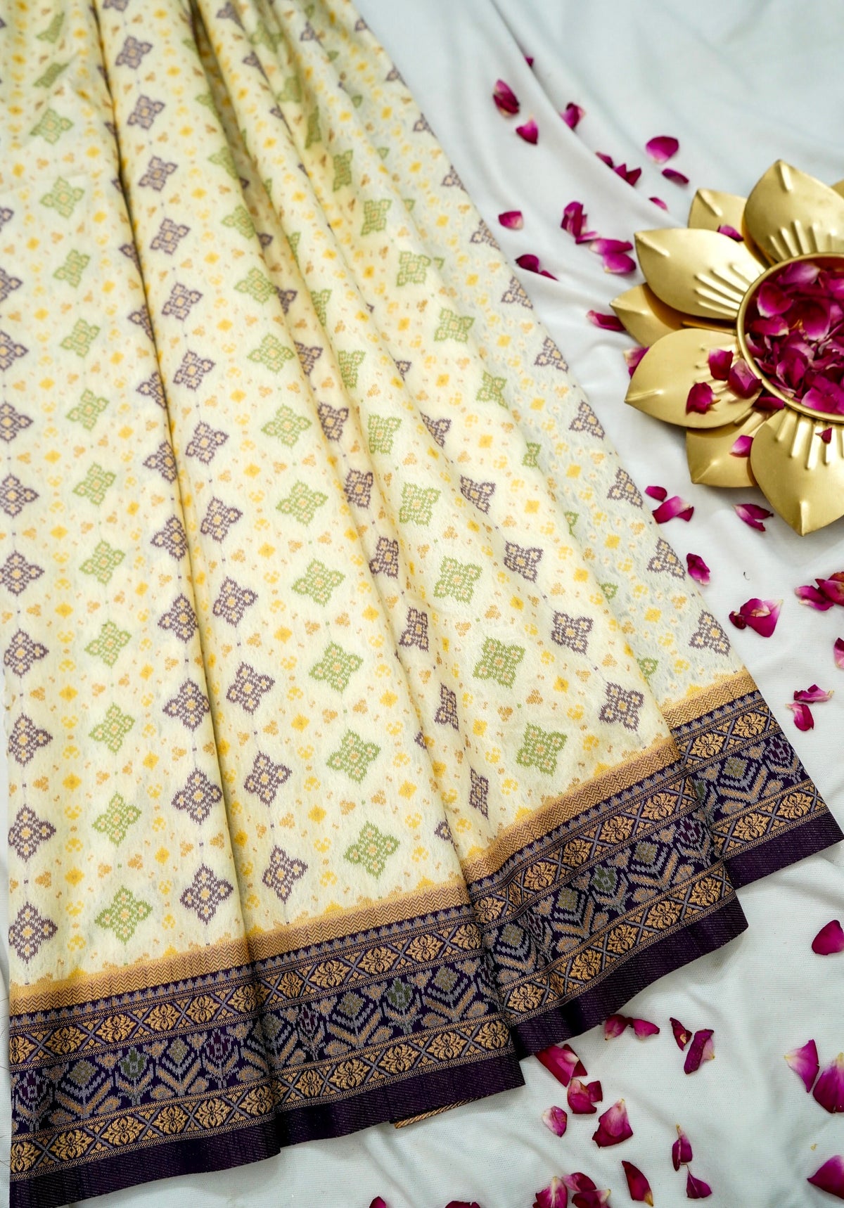 Soft Dupion Silk Ivory Patola Saree with Navy Border
